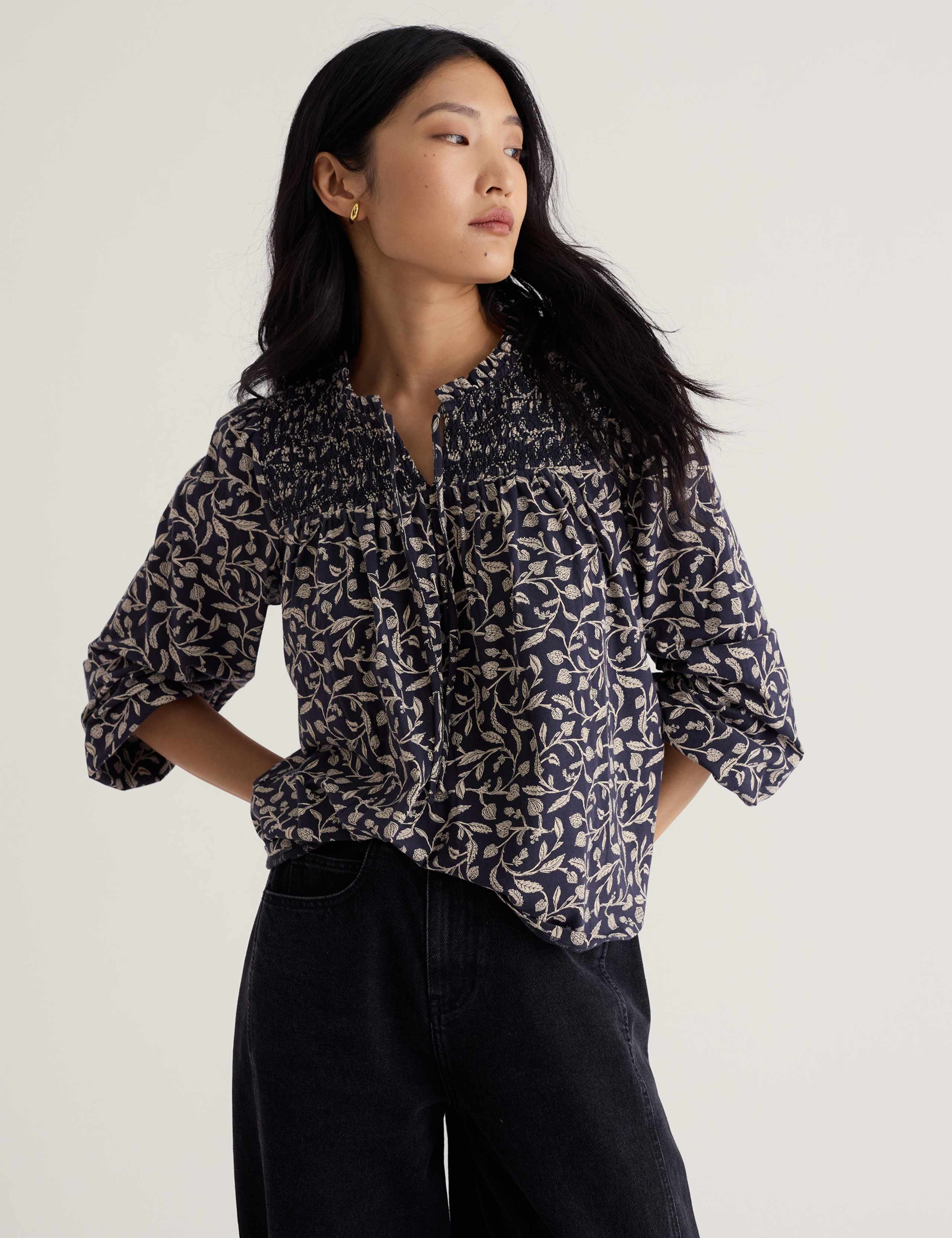 Pure Cotton Printed Notch Neck Long Sleeve Relaxed Fit Blouse 2 of 2