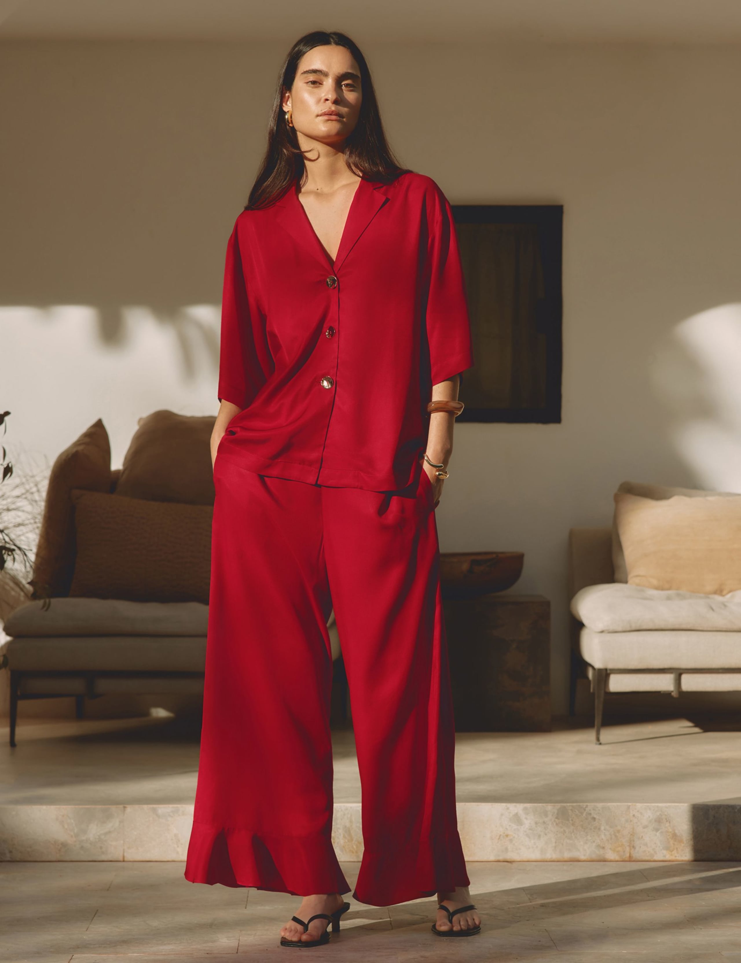 Elasticated Waist Wide Leg Flared Trousers 1 of 5