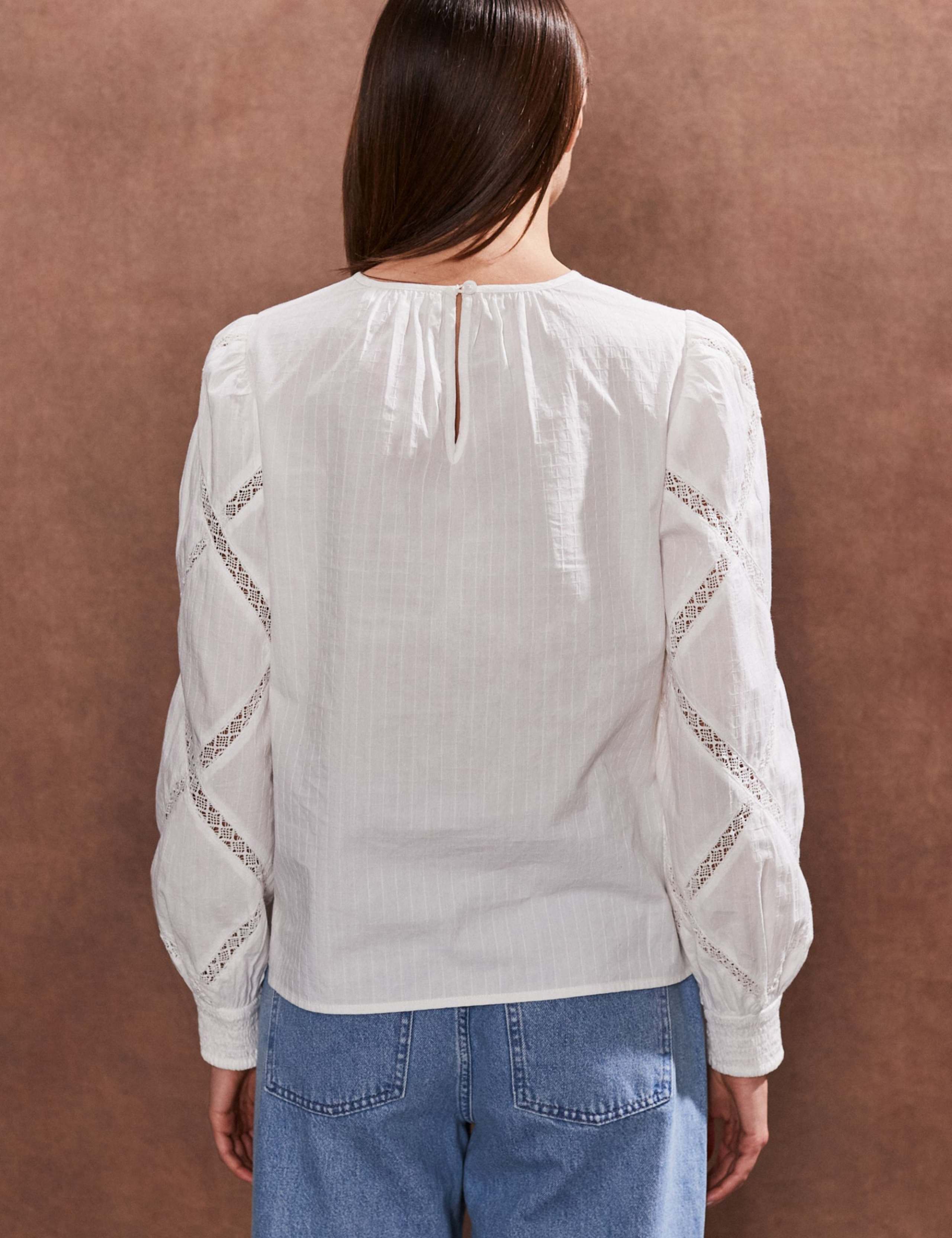 Pure Cotton Crew Neck Lace Insert Blouse 3 of 4