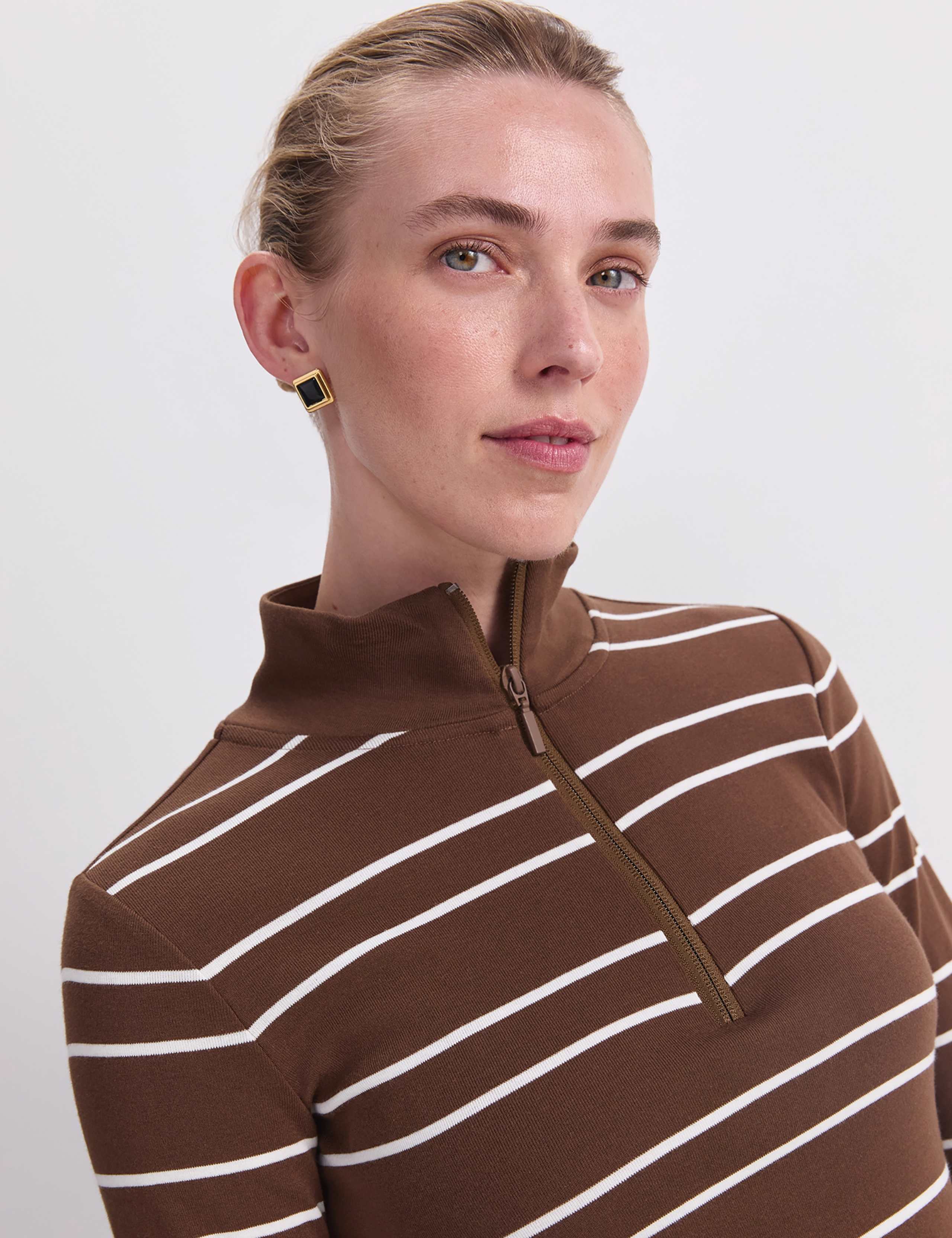 Pure Cotton Striped Funnel Neck Half Zip Top 6 of 7