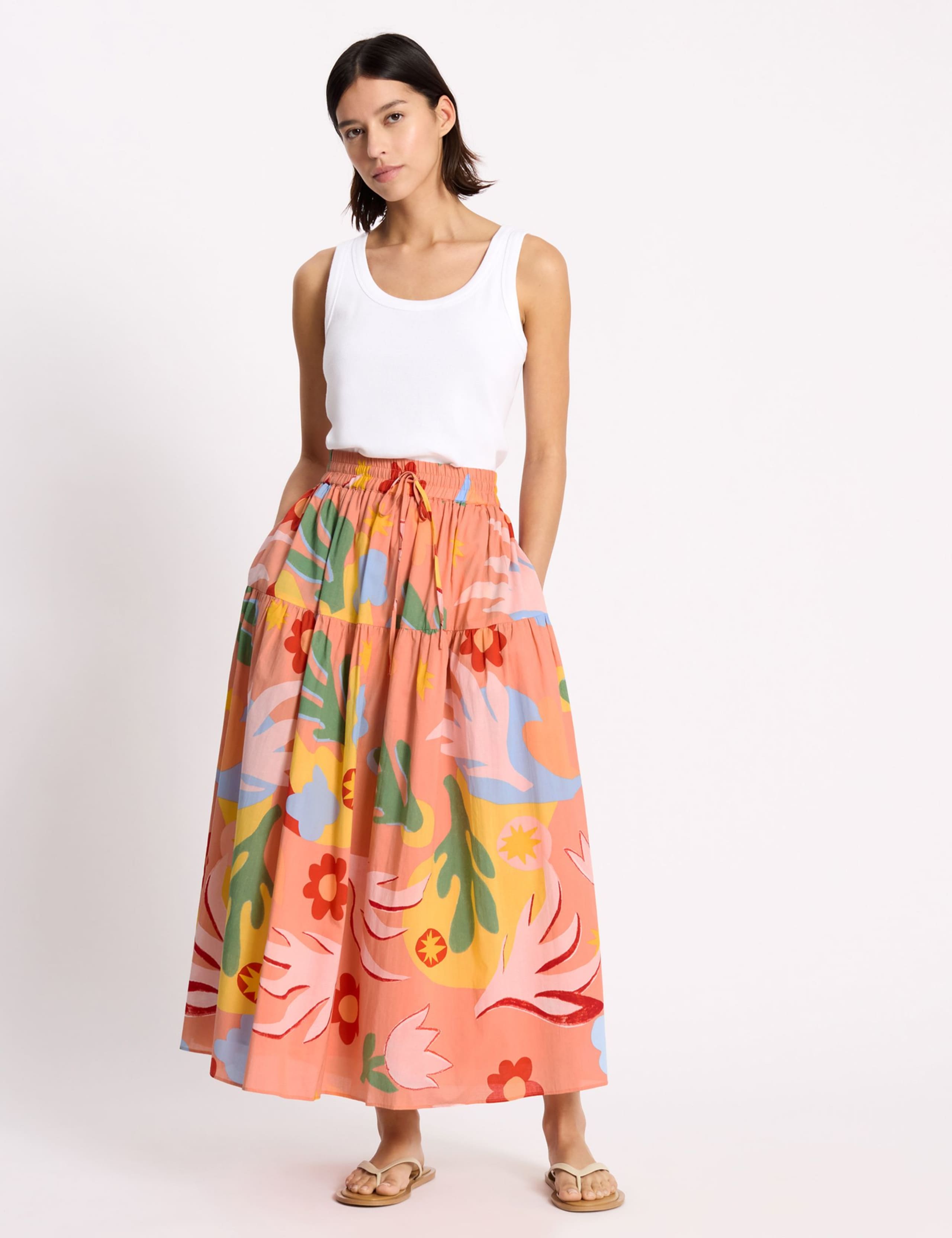 Pure Cotton Tropical Print Midi A-Line Skirt 3 of 5