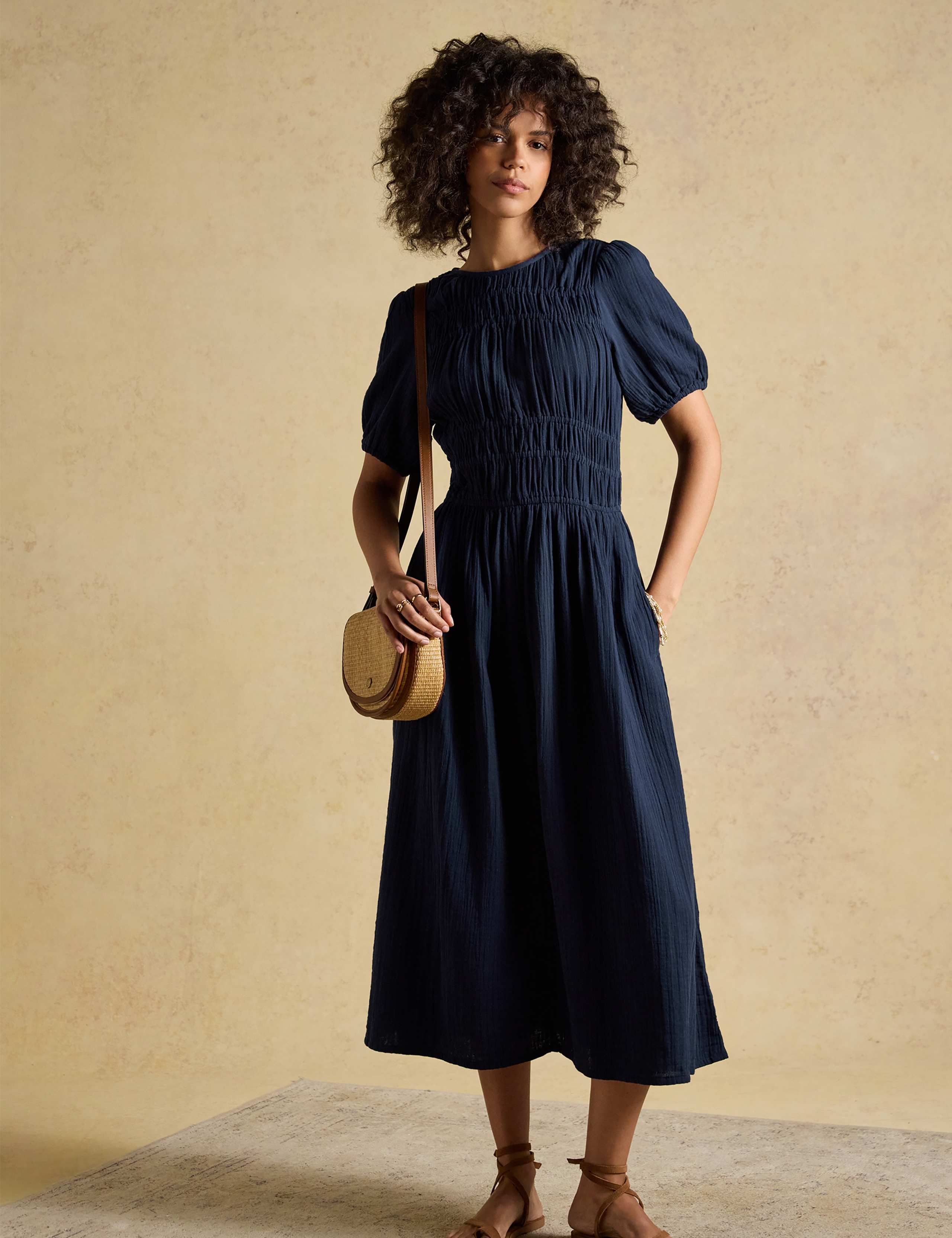 Pure Cotton Double Cloth Midi Shirred Dress 1 of 8