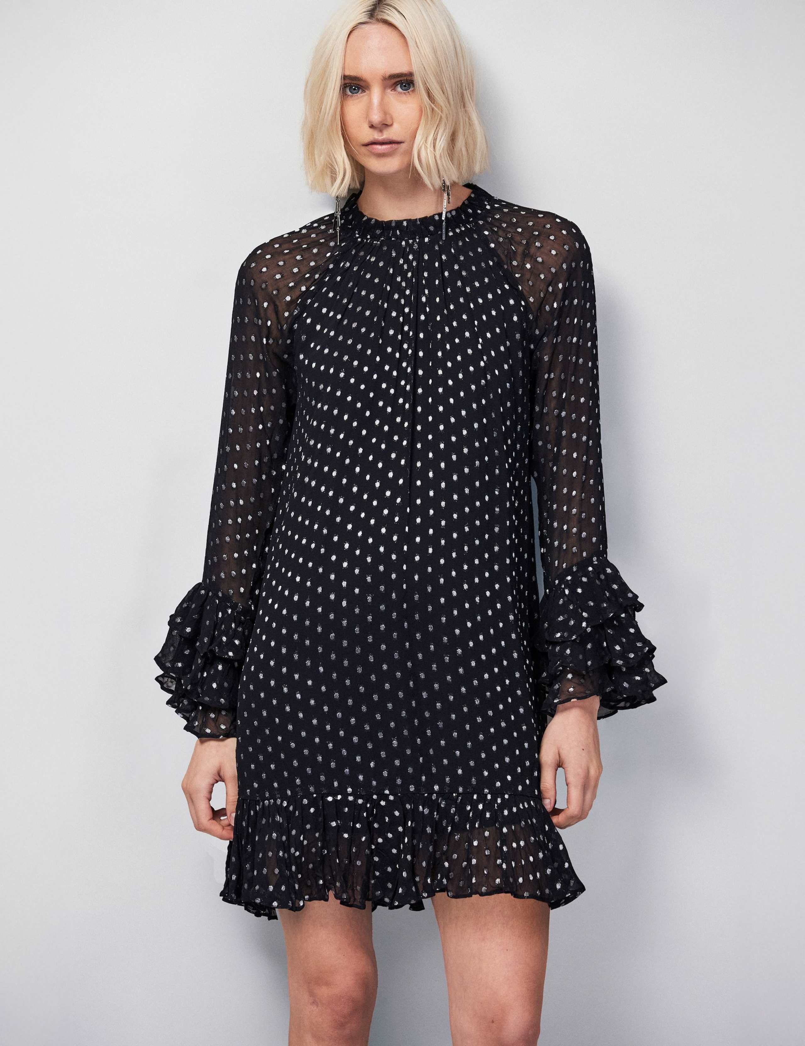 High Neck Frill Sleeve Mini Smock Dress 1 of 4