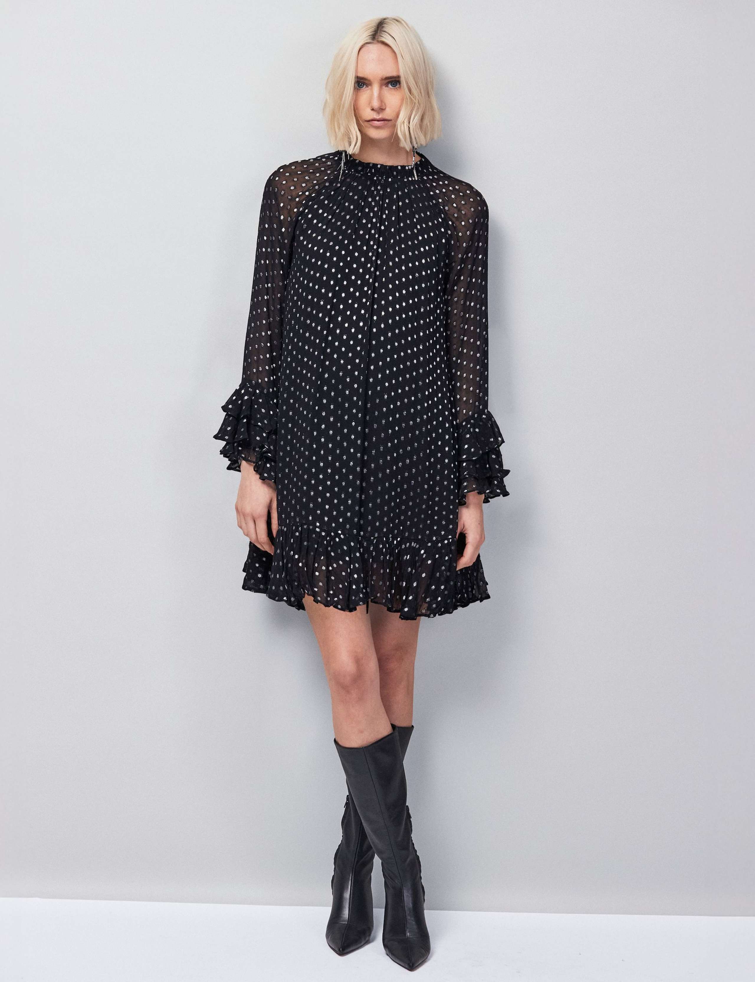 High Neck Frill Sleeve Mini Smock Dress 2 of 4