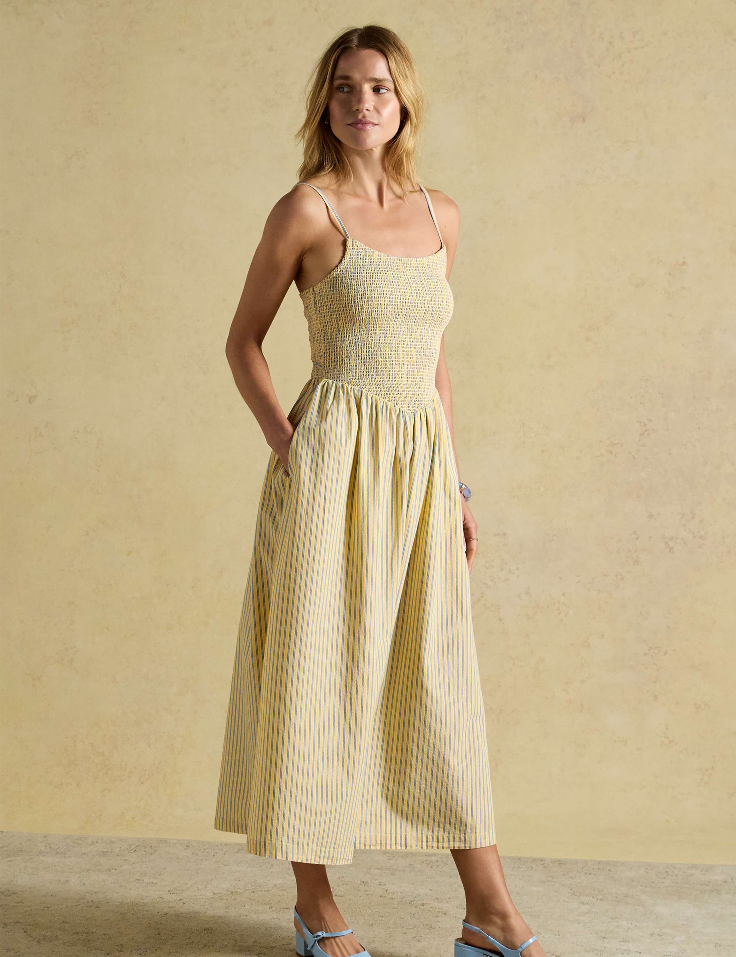 Pure Cotton Striped Midi Shirred Dress 3 of 8