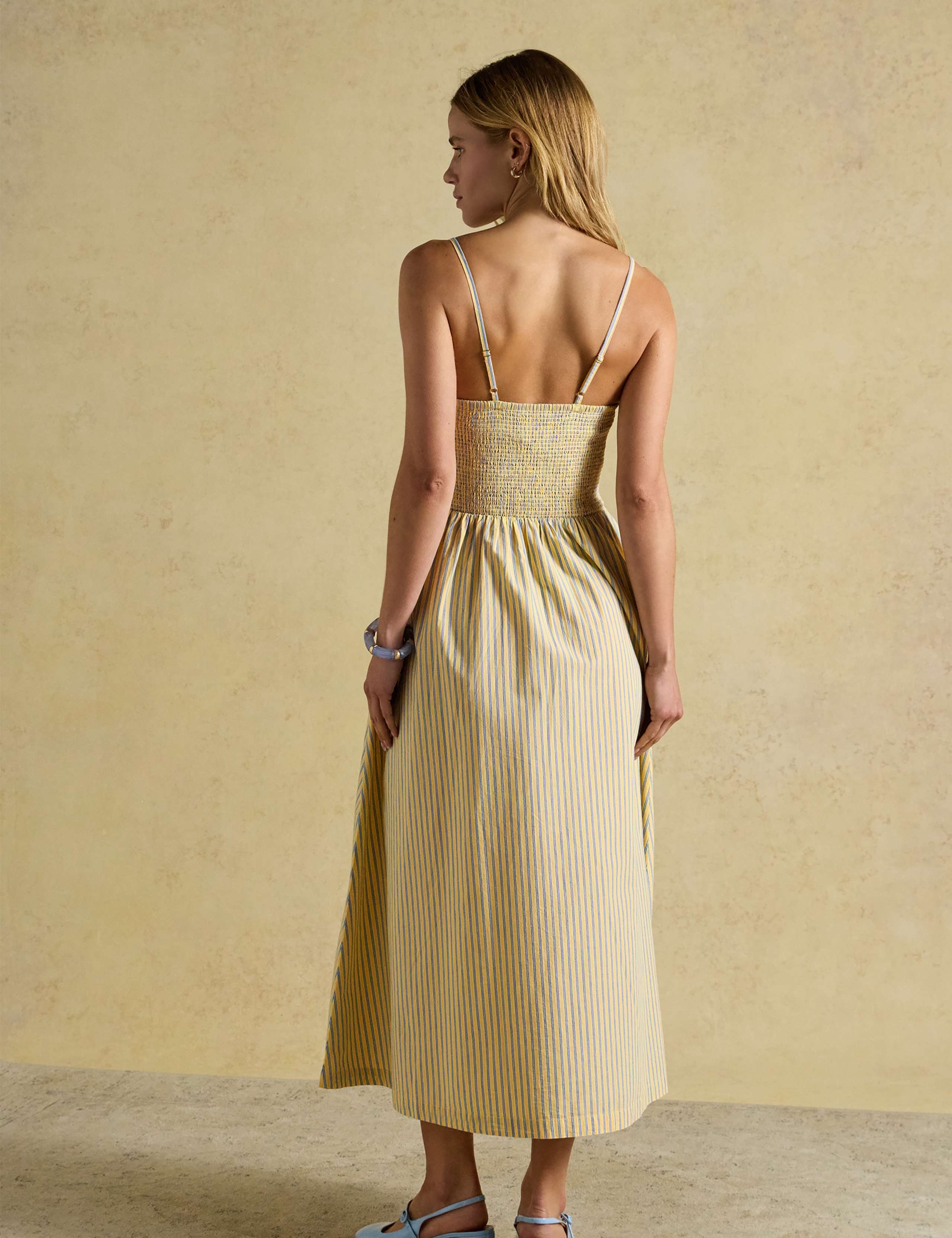 Pure Cotton Striped Midi Shirred Dress 6 of 8