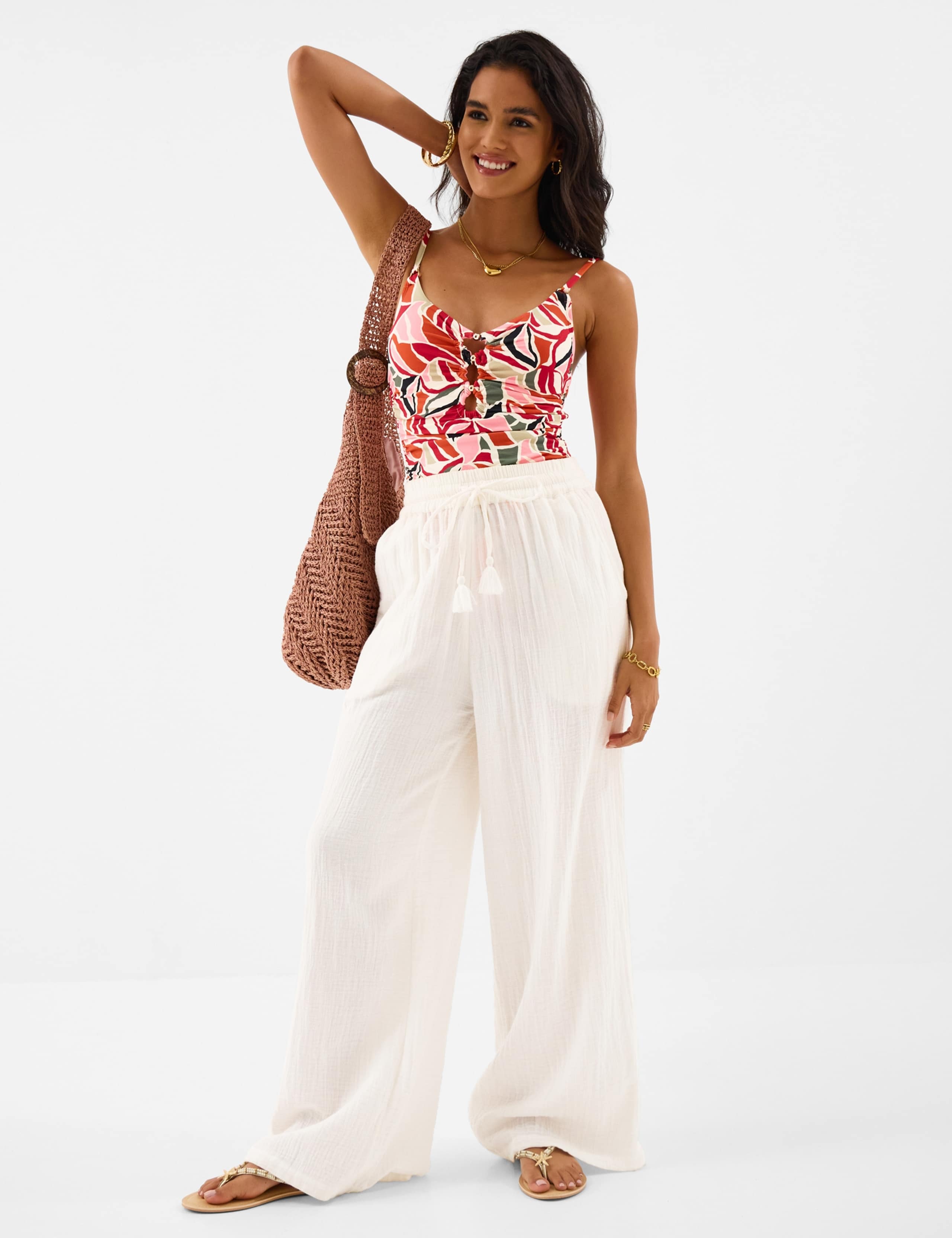 Printed Padded Beaded Scoop Neck Swimsuit 1 of 4
