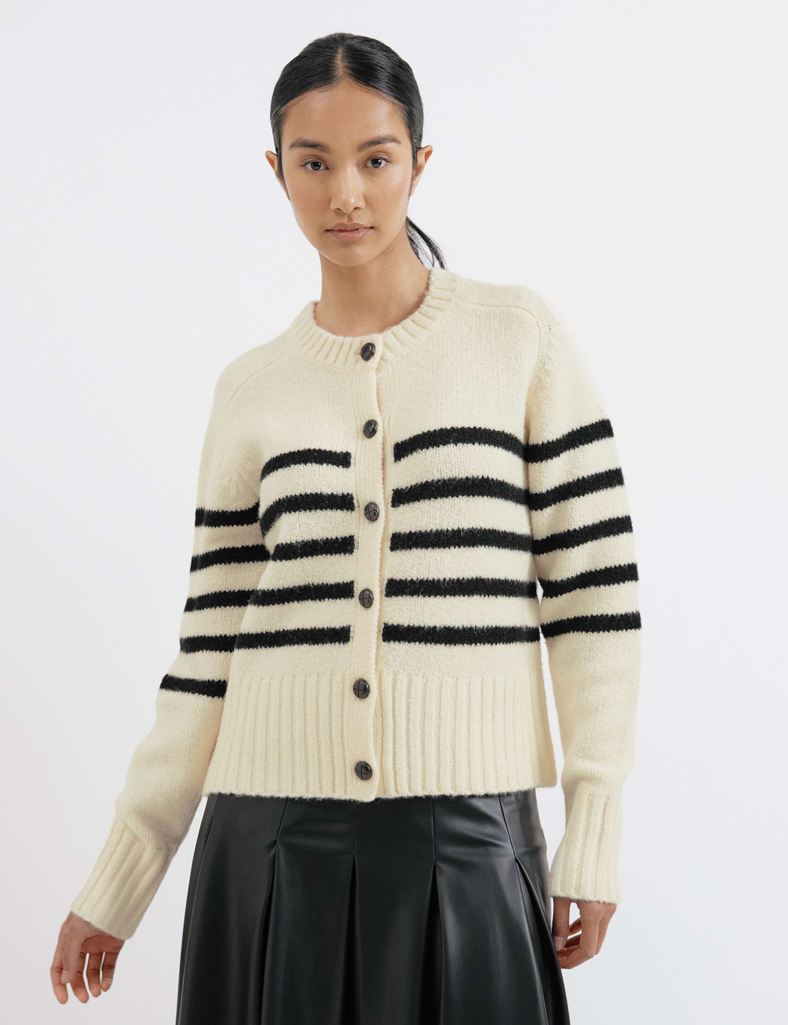 Striped Crew Neck Cardigan with Wool 1 of 5