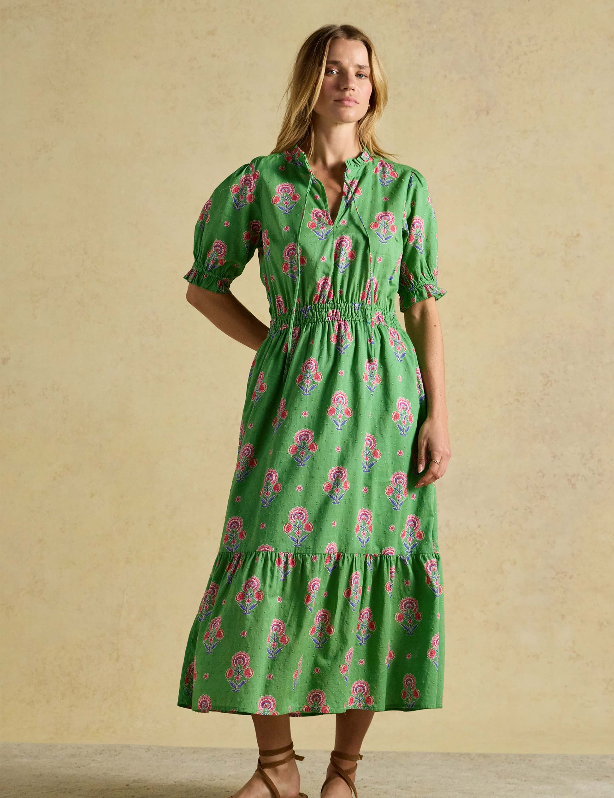 Pure Cotton Floral Tie Neck Midi Dress 3 of 9