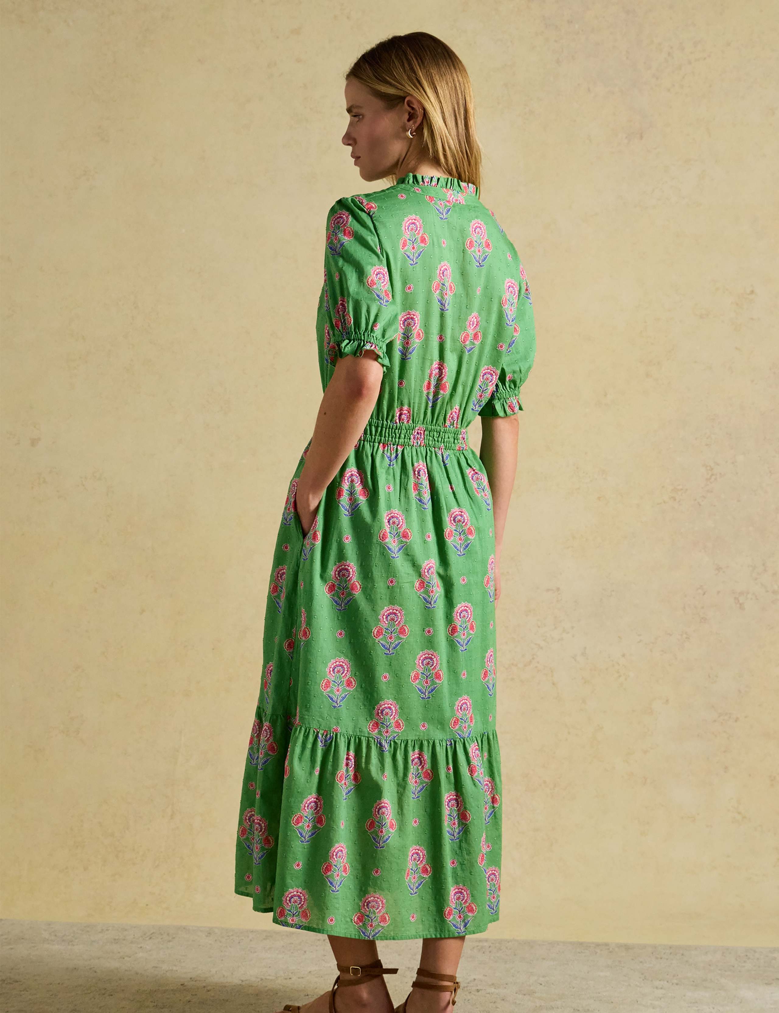 Pure Cotton Floral Tie Neck Midi Dress 4 of 9