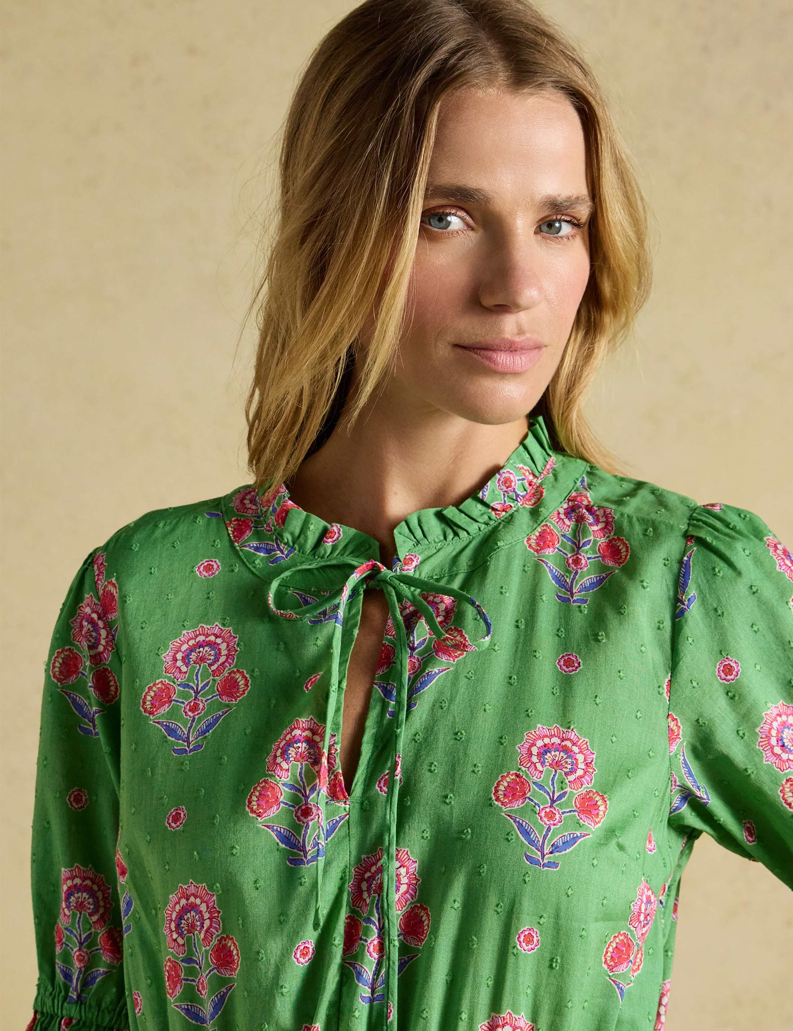 Pure Cotton Floral Tie Neck Midi Dress 5 of 9
