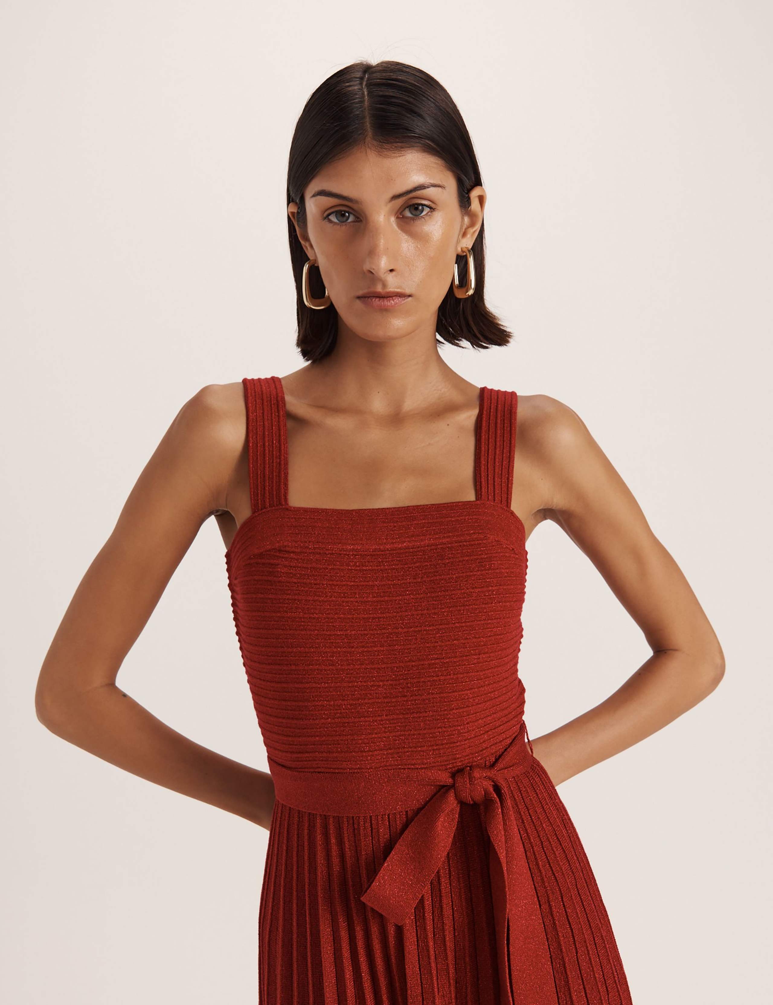 Sparkly Square Neck Belted Midi Skater Dress 2 of 8