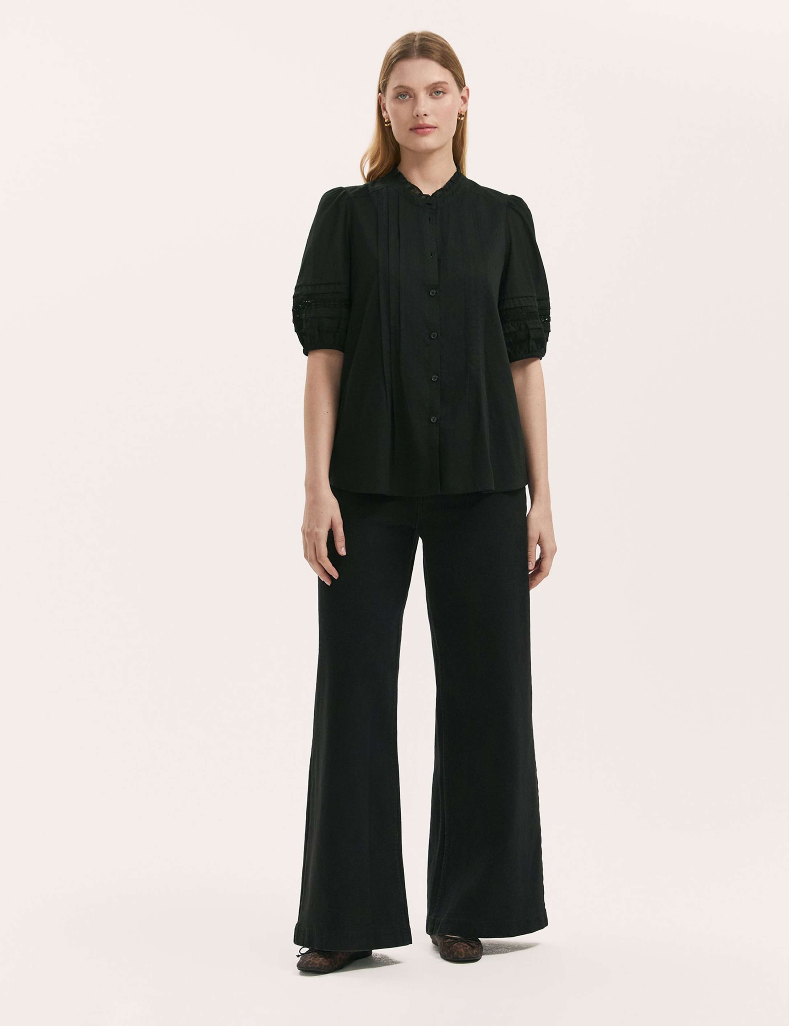 Pure Cotton Frill Neck Pleat Detail Blouse 3 of 4