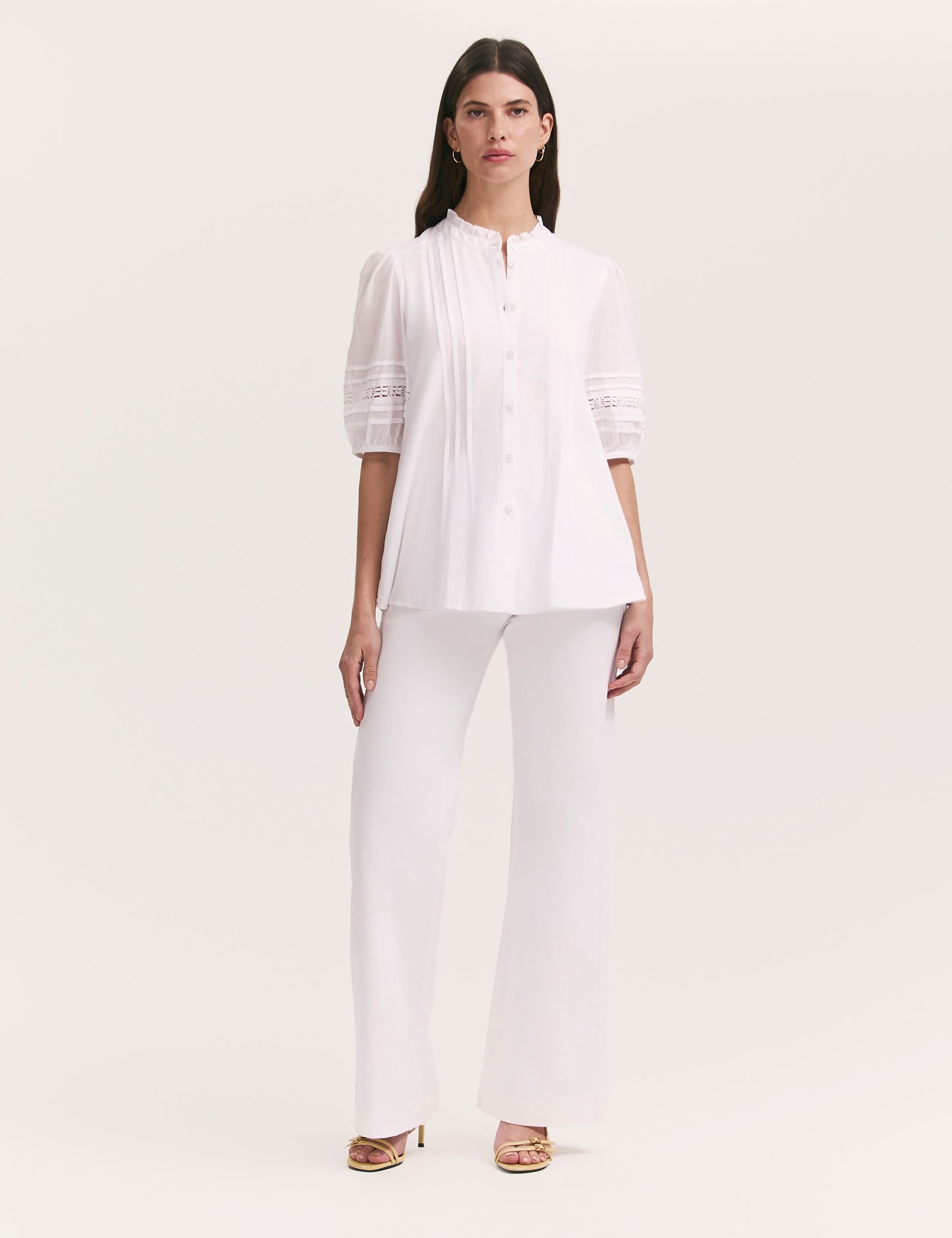 Pure Cotton Frill Neck Pleat Detail Blouse 2 of 4