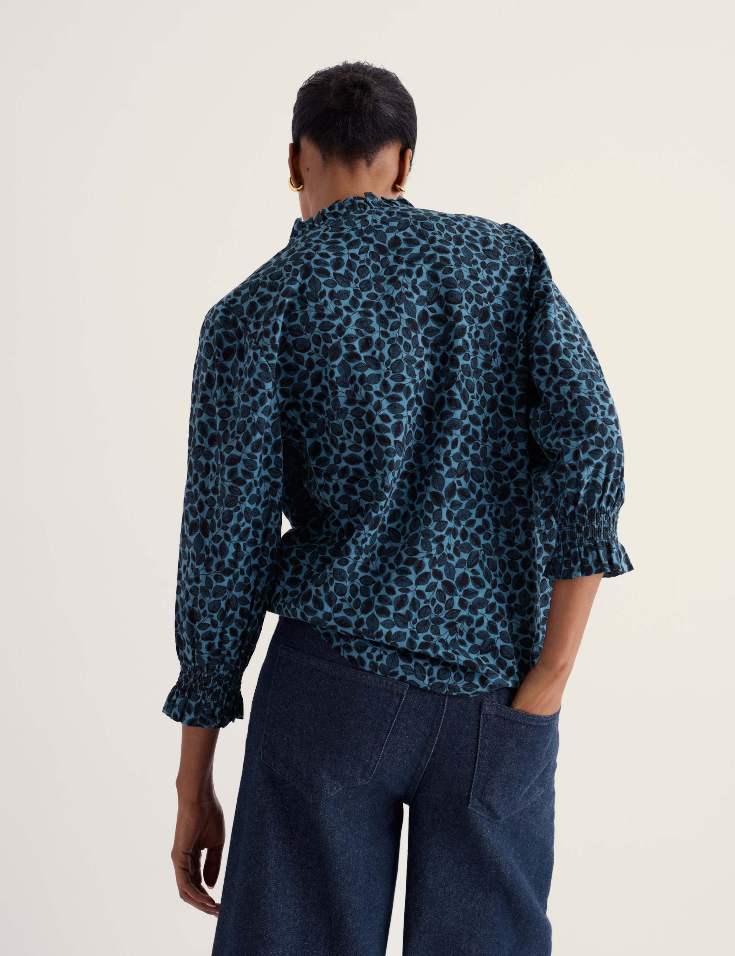 Cotton Rich Printed High Neck Relaxed Frill Detail Top 3 of 5