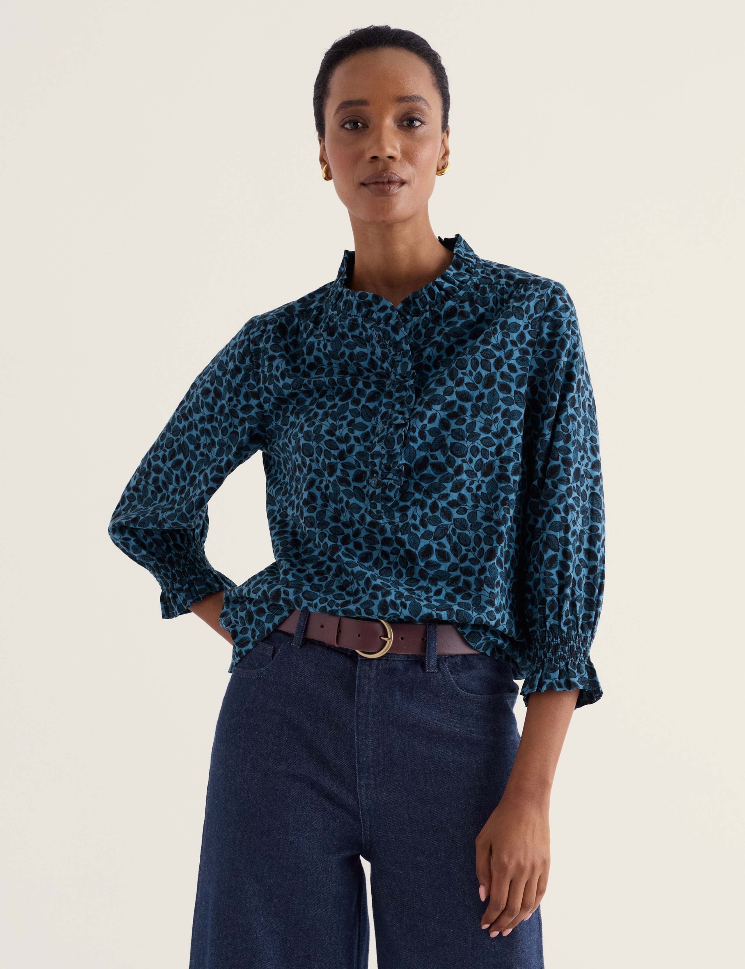 Cotton Rich Printed High Neck Relaxed Frill Detail Top 5 of 5