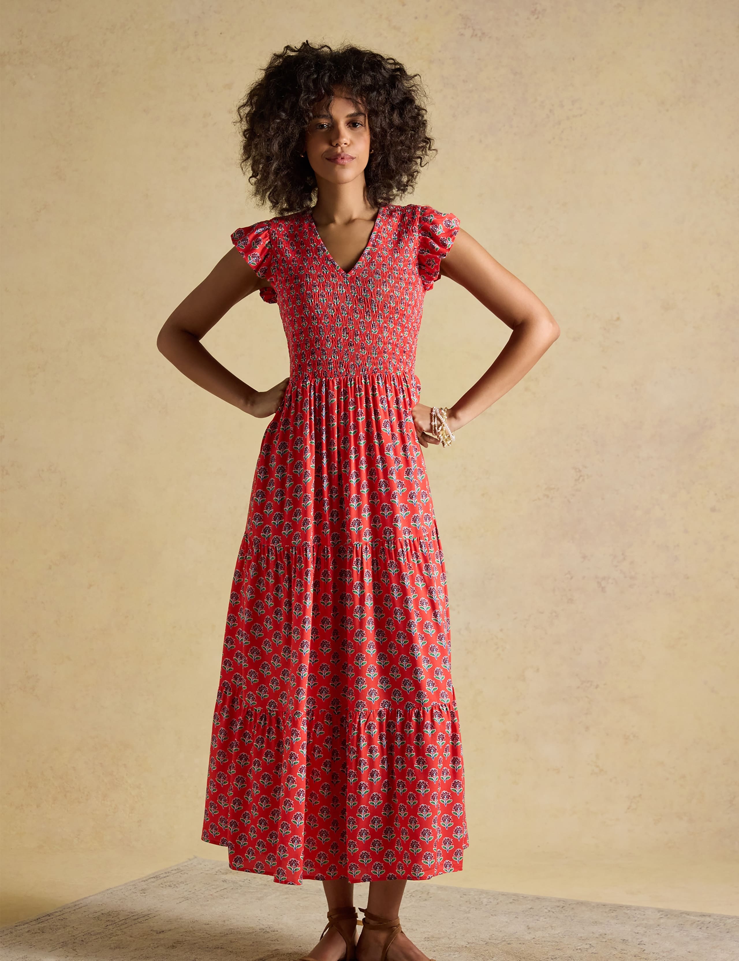 Floral V-Neck Midi Shirred Dress 1 of 9