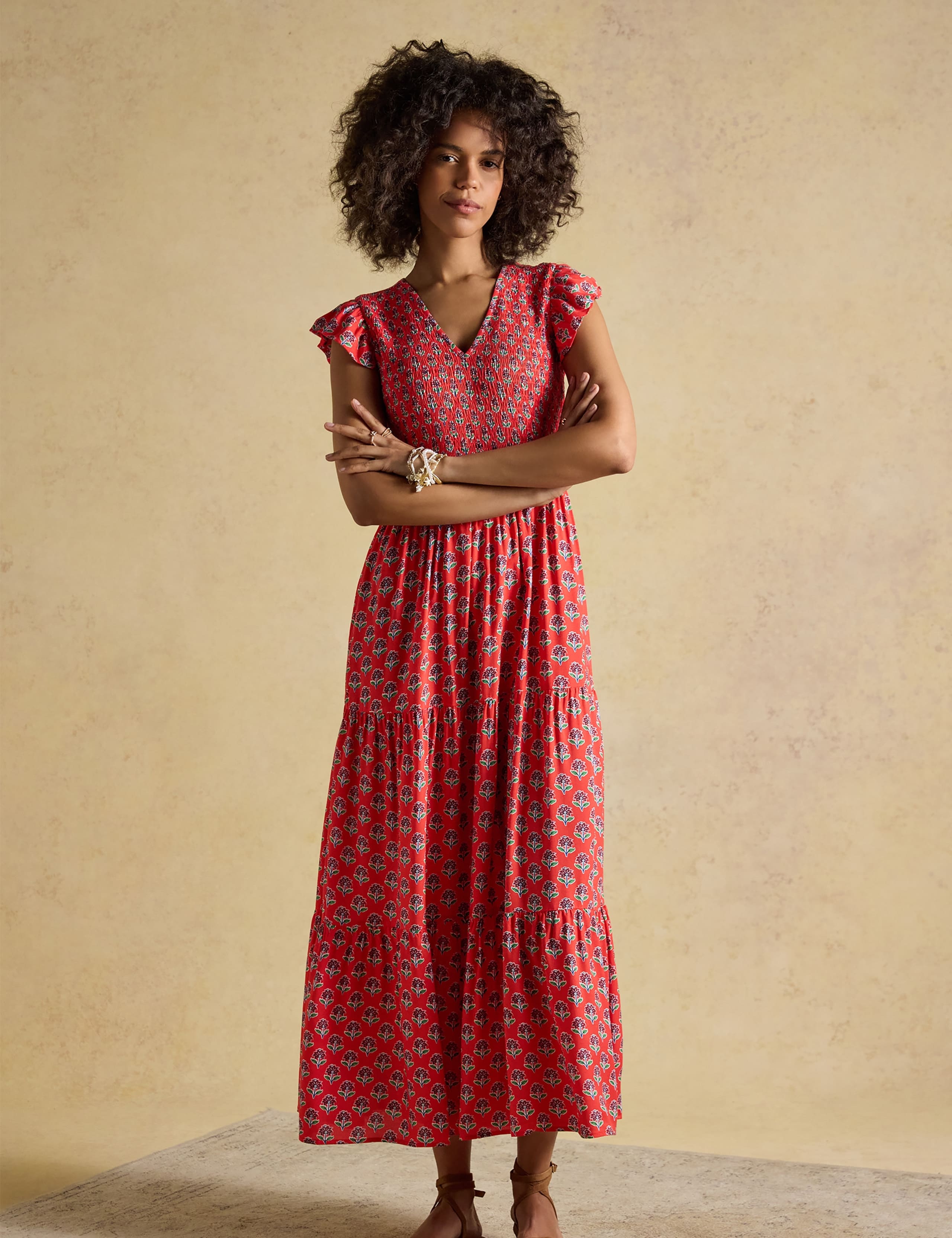 Floral V-Neck Midi Shirred Dress 3 of 9