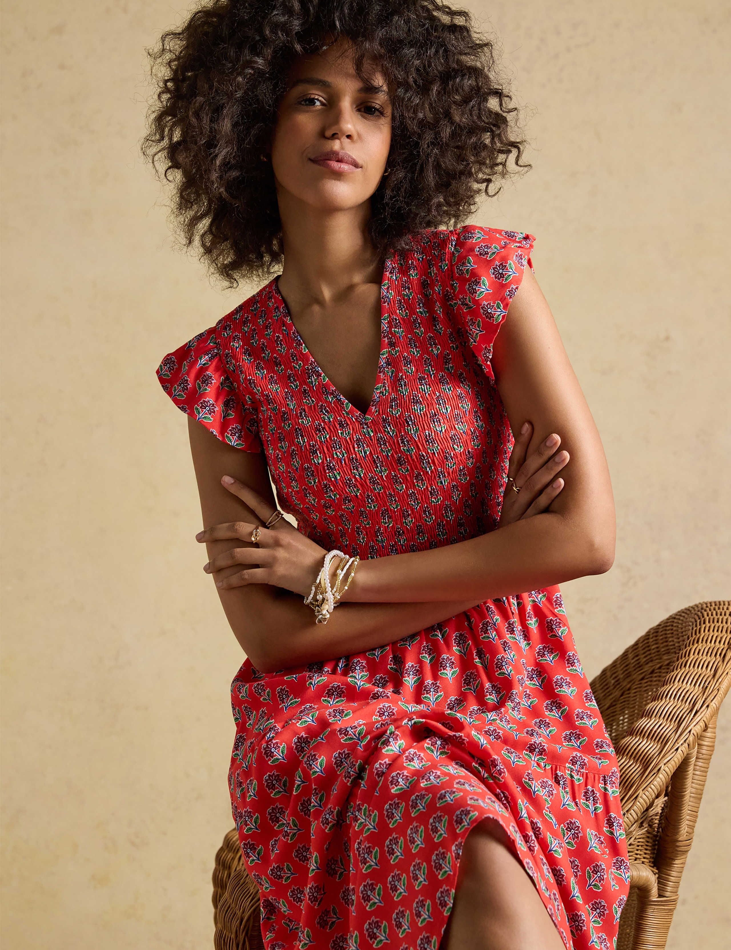Floral V-Neck Midi Shirred Dress 5 of 9