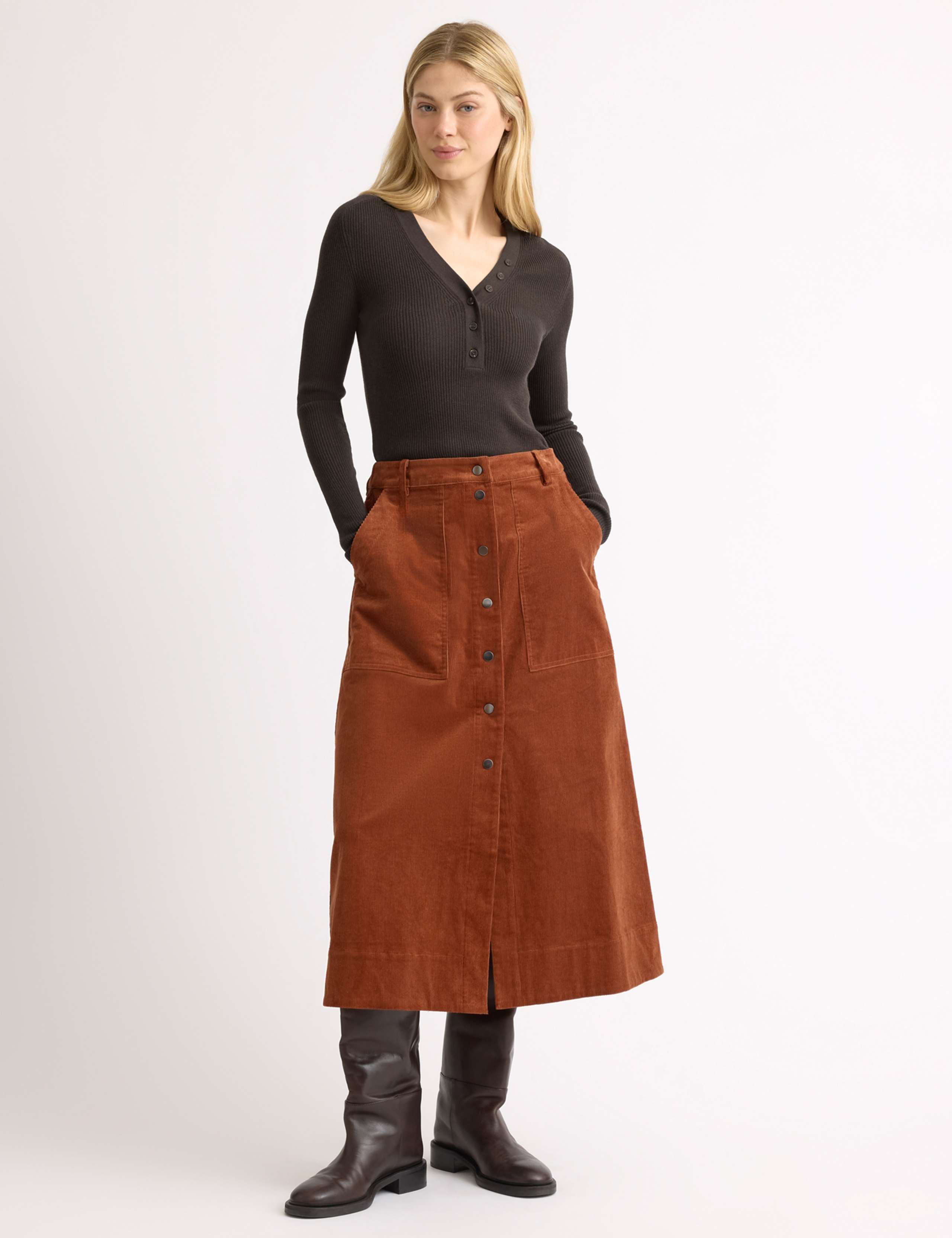 Cord Button Front Midi A-Line Skirt 1 of 4