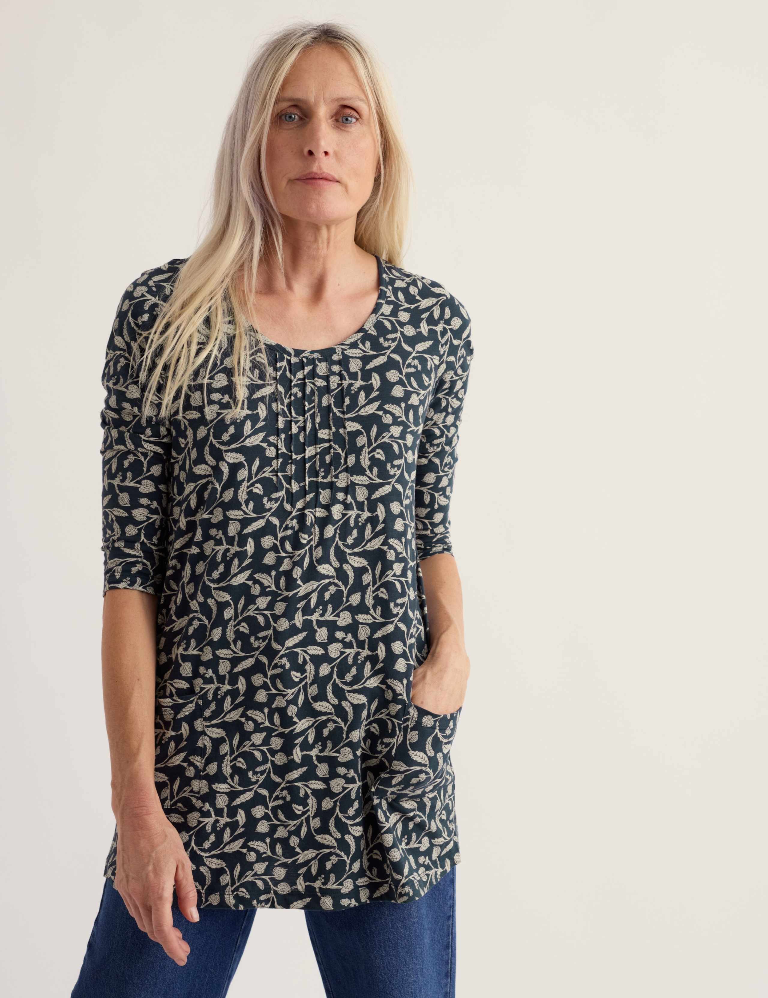 Pure Cotton Printed Cowl Neck Pintuck Tunic 4 of 5