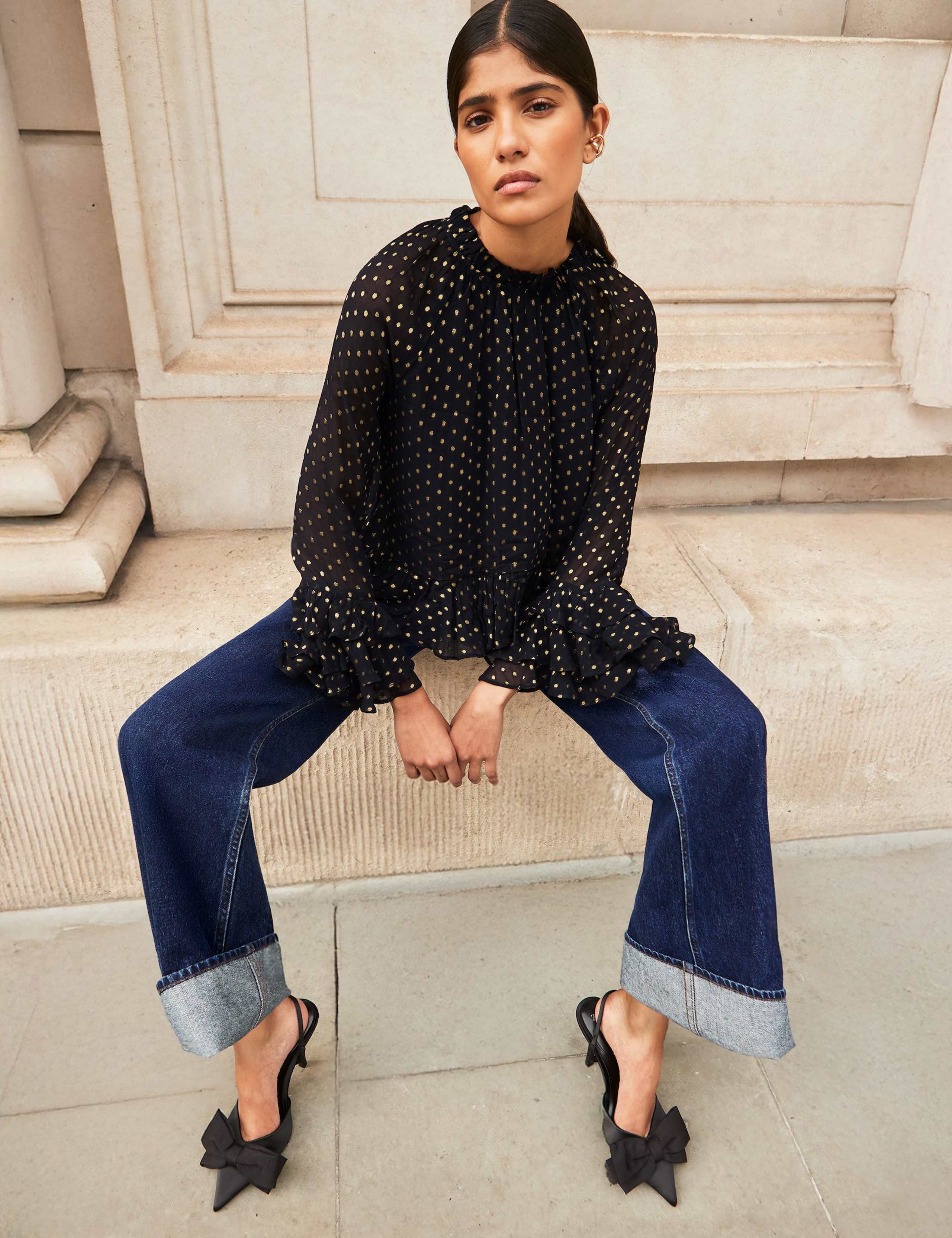Polka Dot Foil Print Frill Sleeve Blouse 2 of 4