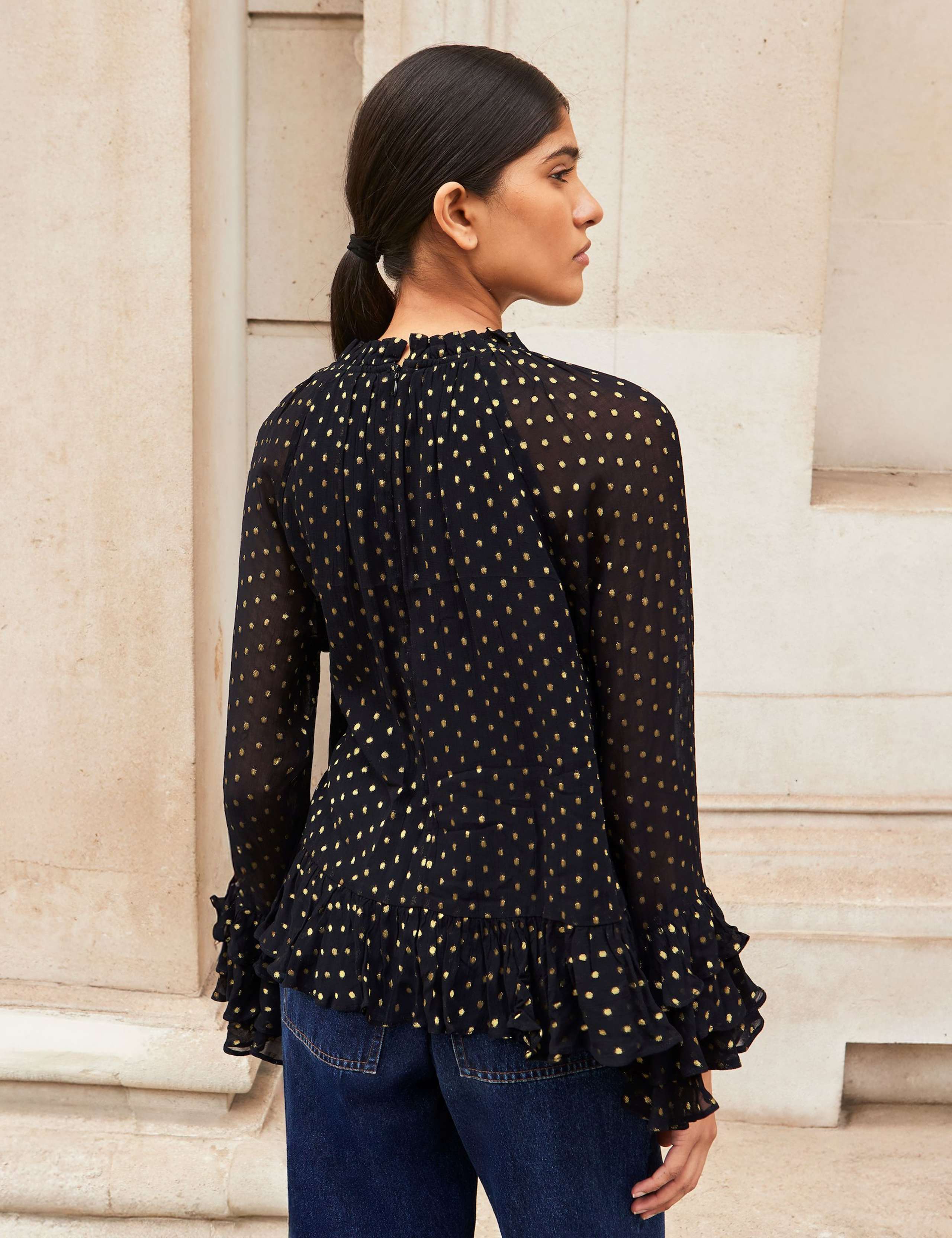 Polka Dot Foil Print Frill Sleeve Blouse 3 of 4