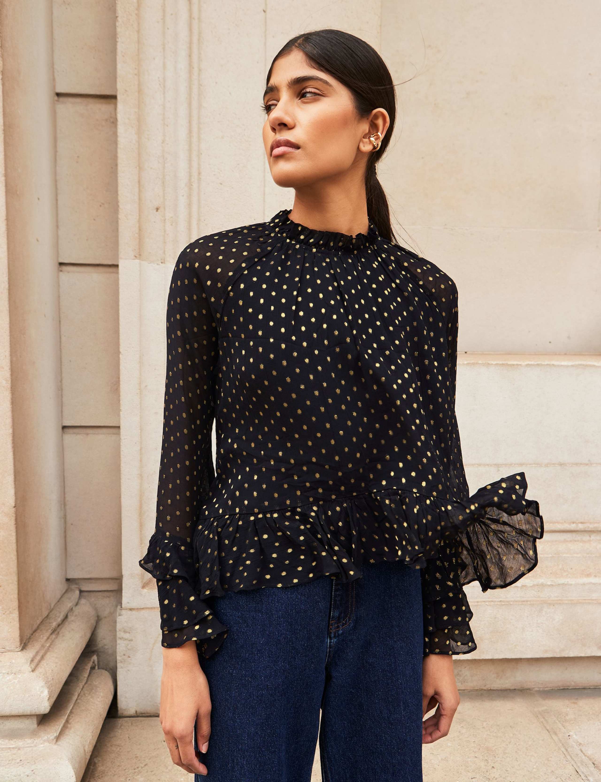 Polka Dot Foil Print Frill Sleeve Blouse 4 of 4