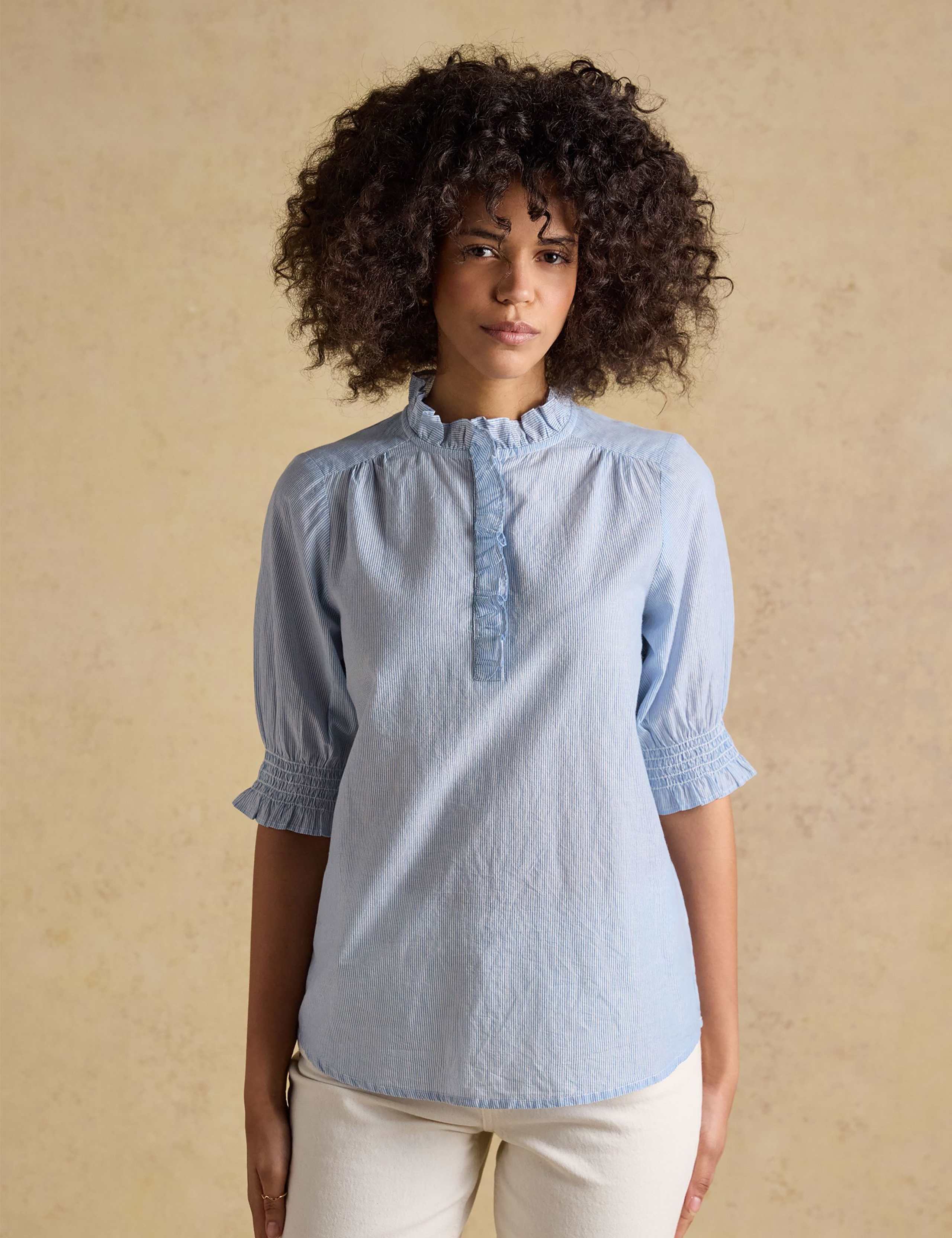 Pure Cotton Striped Frill Detail Blouse 3 of 6