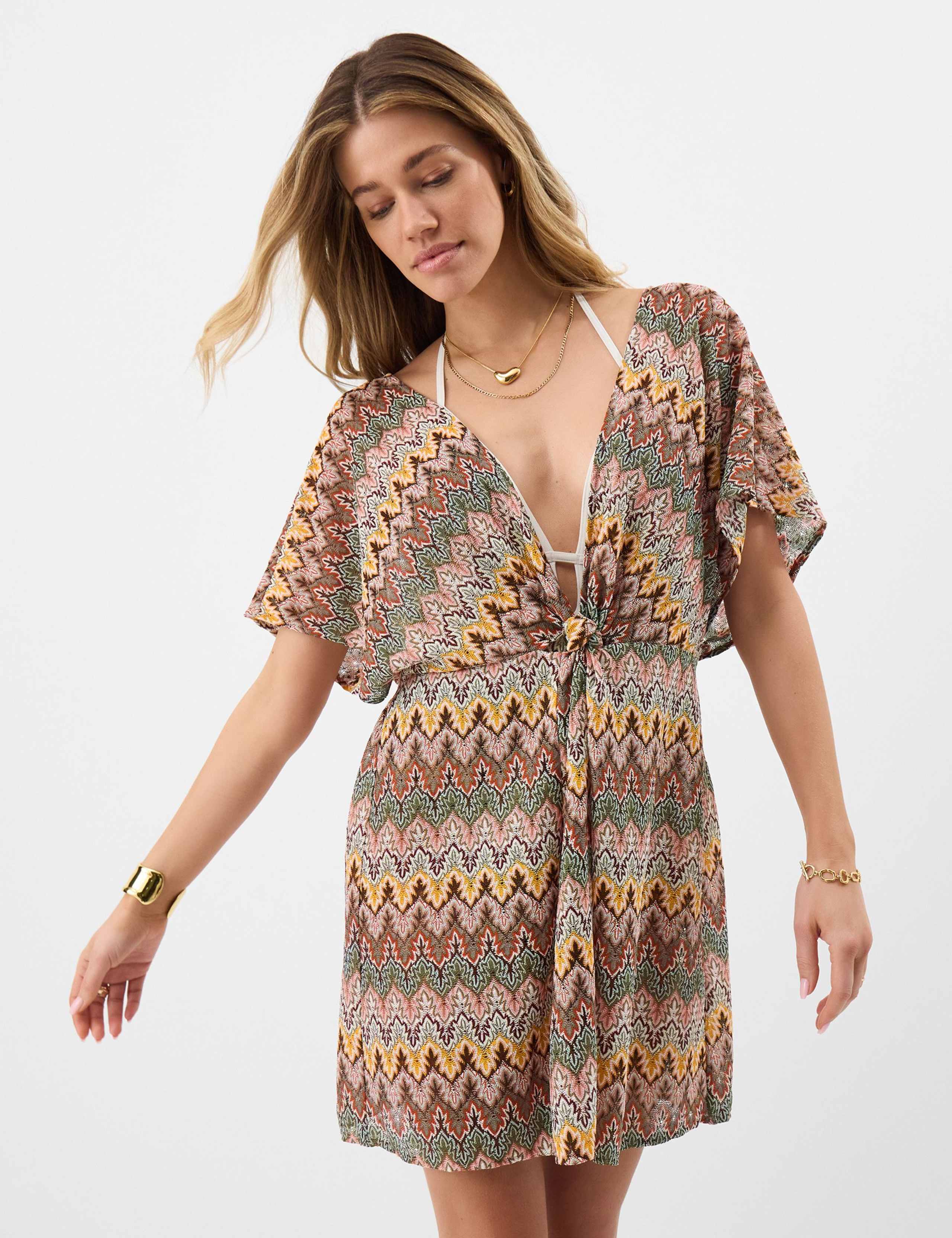 Printed V-Neck Mini Beach Cover Up Kaftan 3 of 5