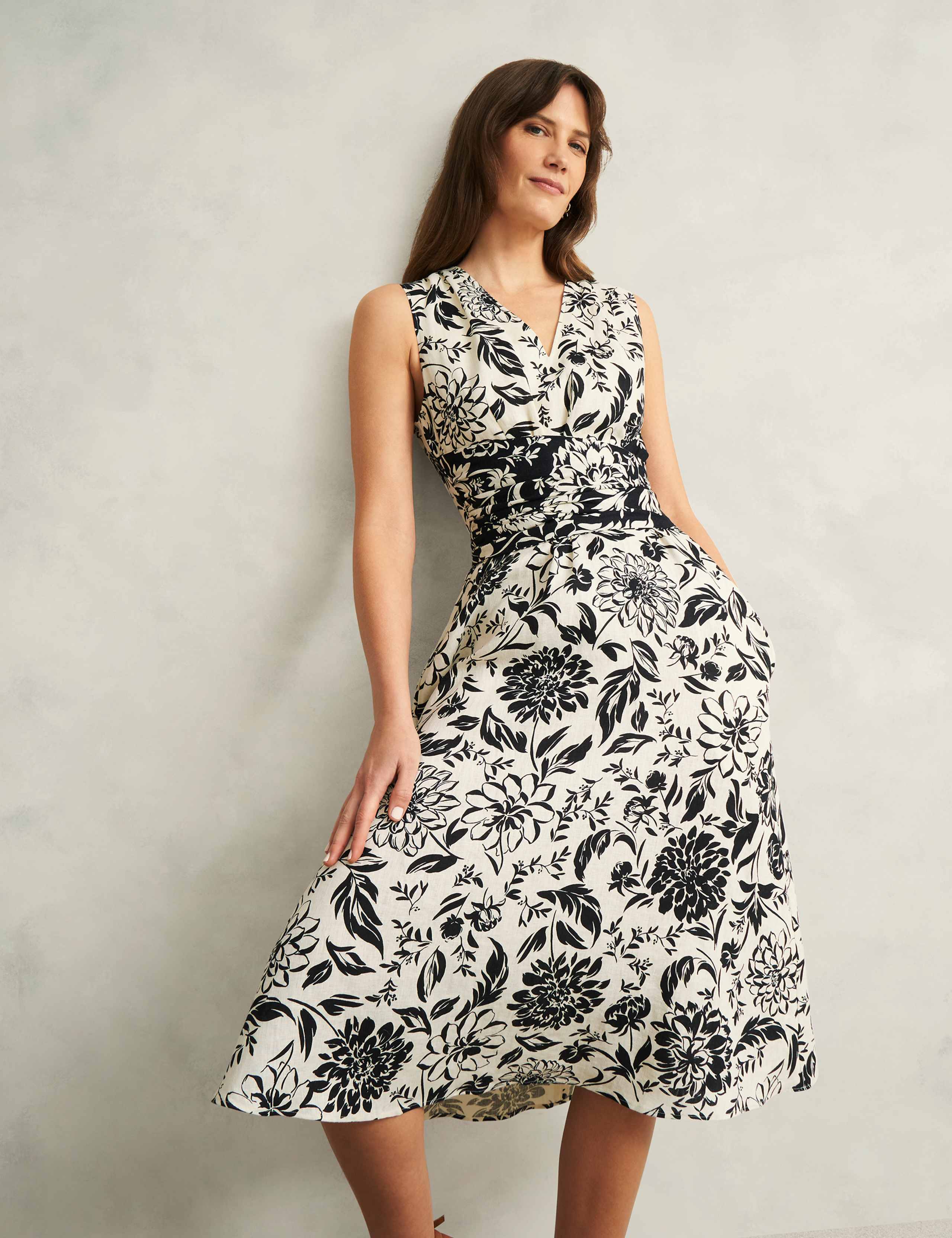 Pure Linen Floral V-Neck Midi Skater Dress 4 of 8