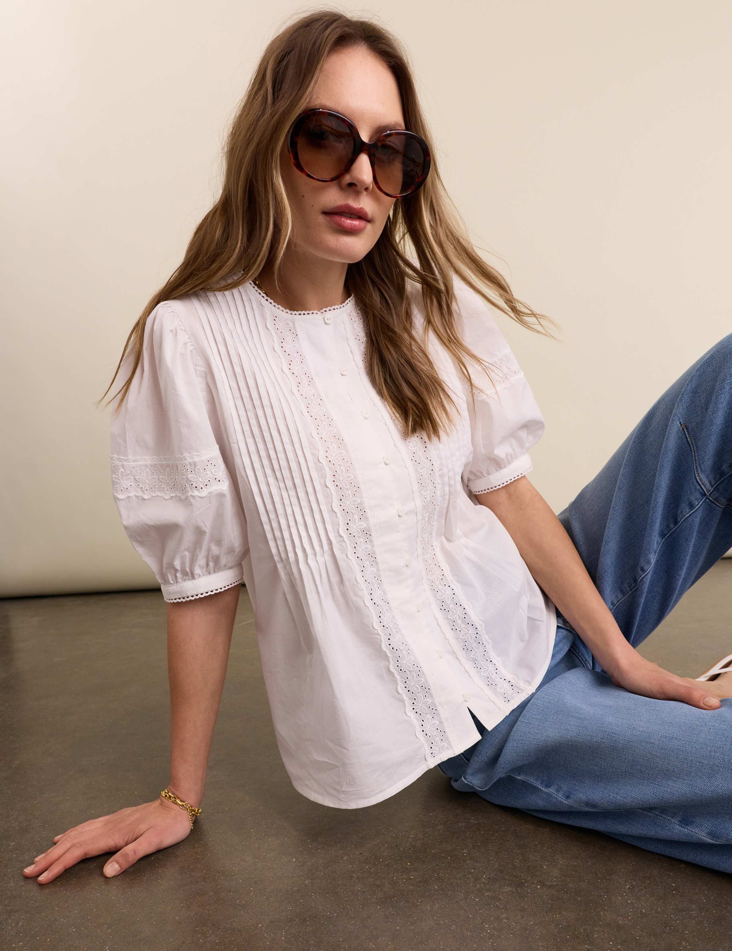 Pure Cotton Broderie Puff Sleeve Blouse 3 of 5