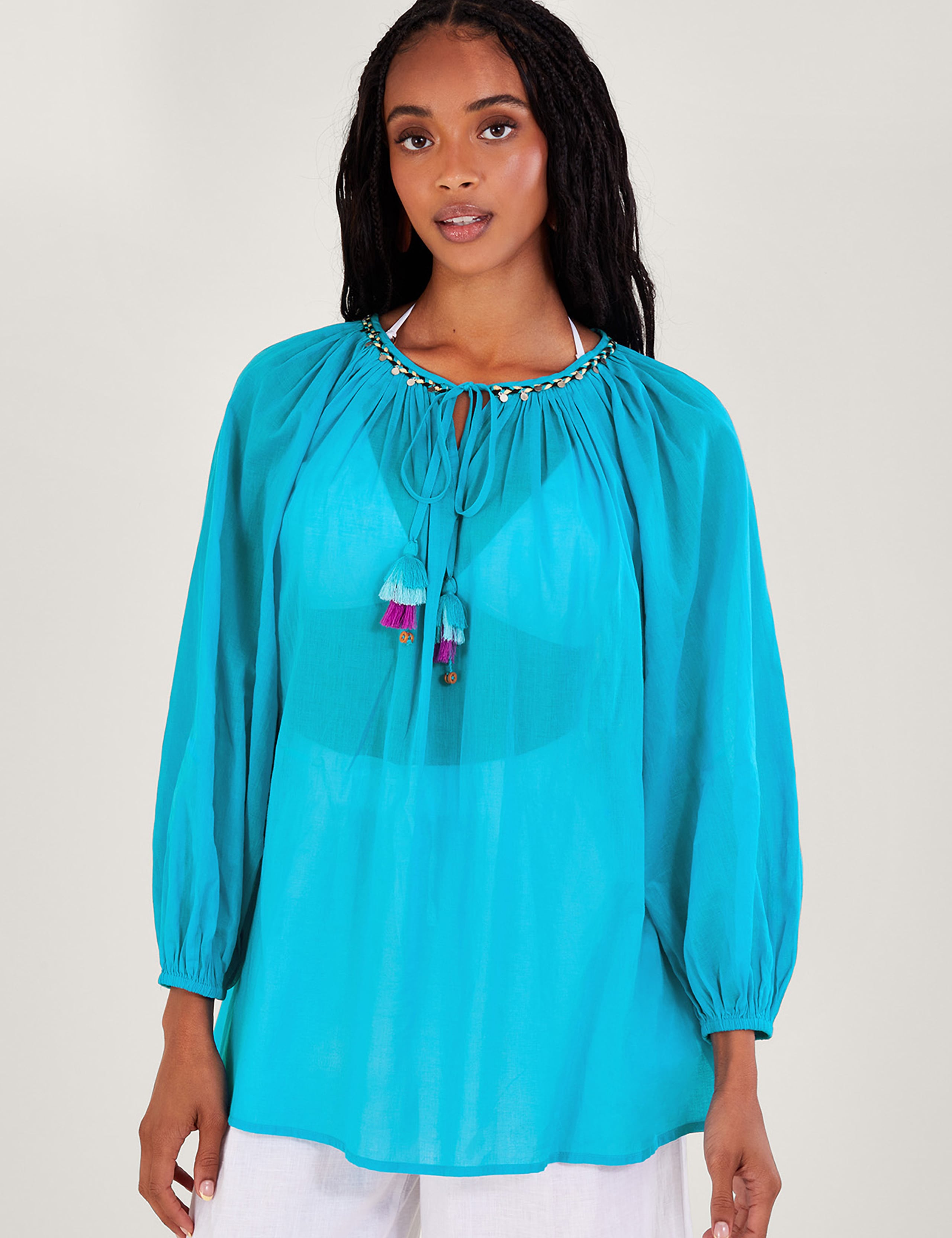 Pure Cotton Embellished Tie Neck Top 1 of 4