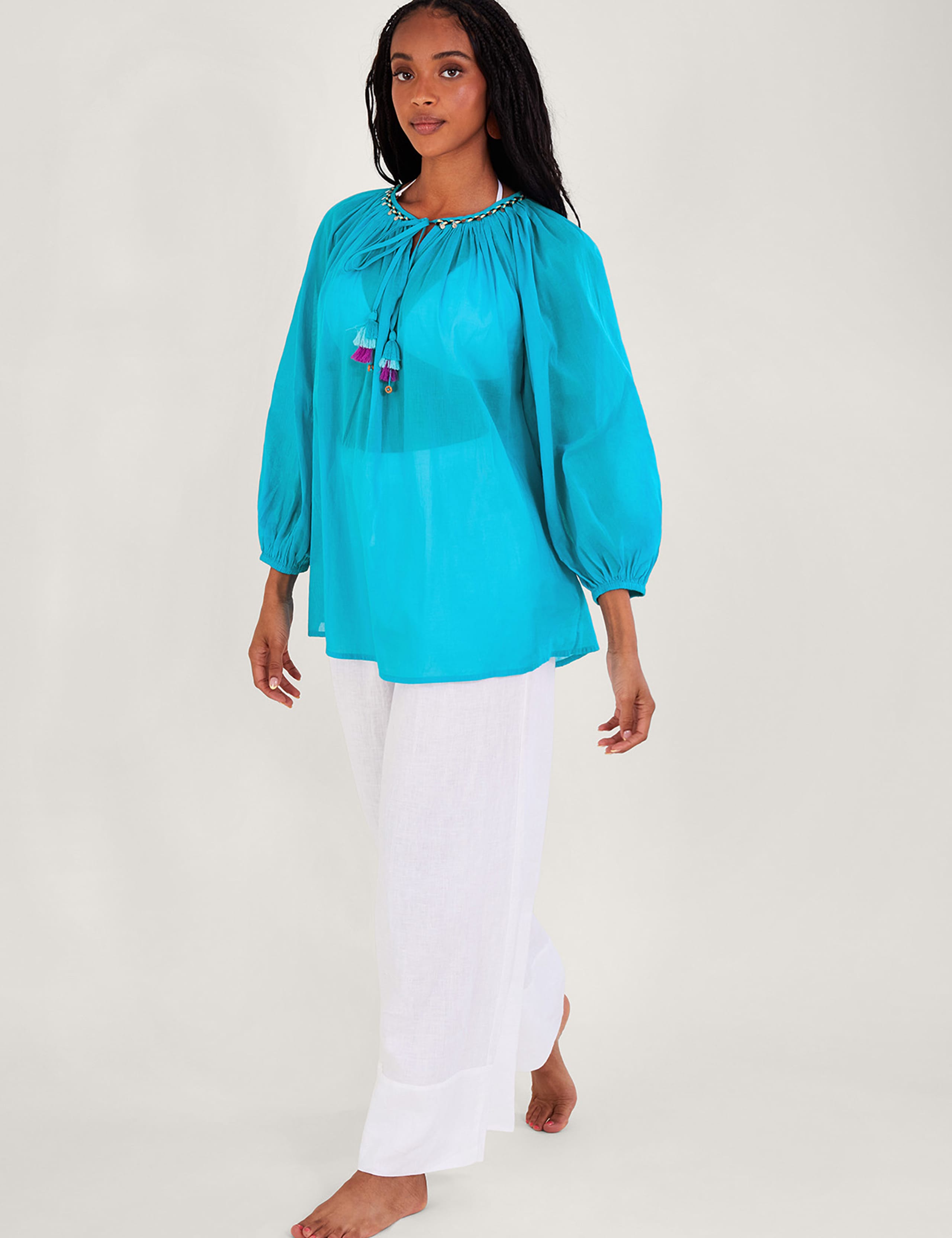 Pure Cotton Embellished Tie Neck Top 2 of 4