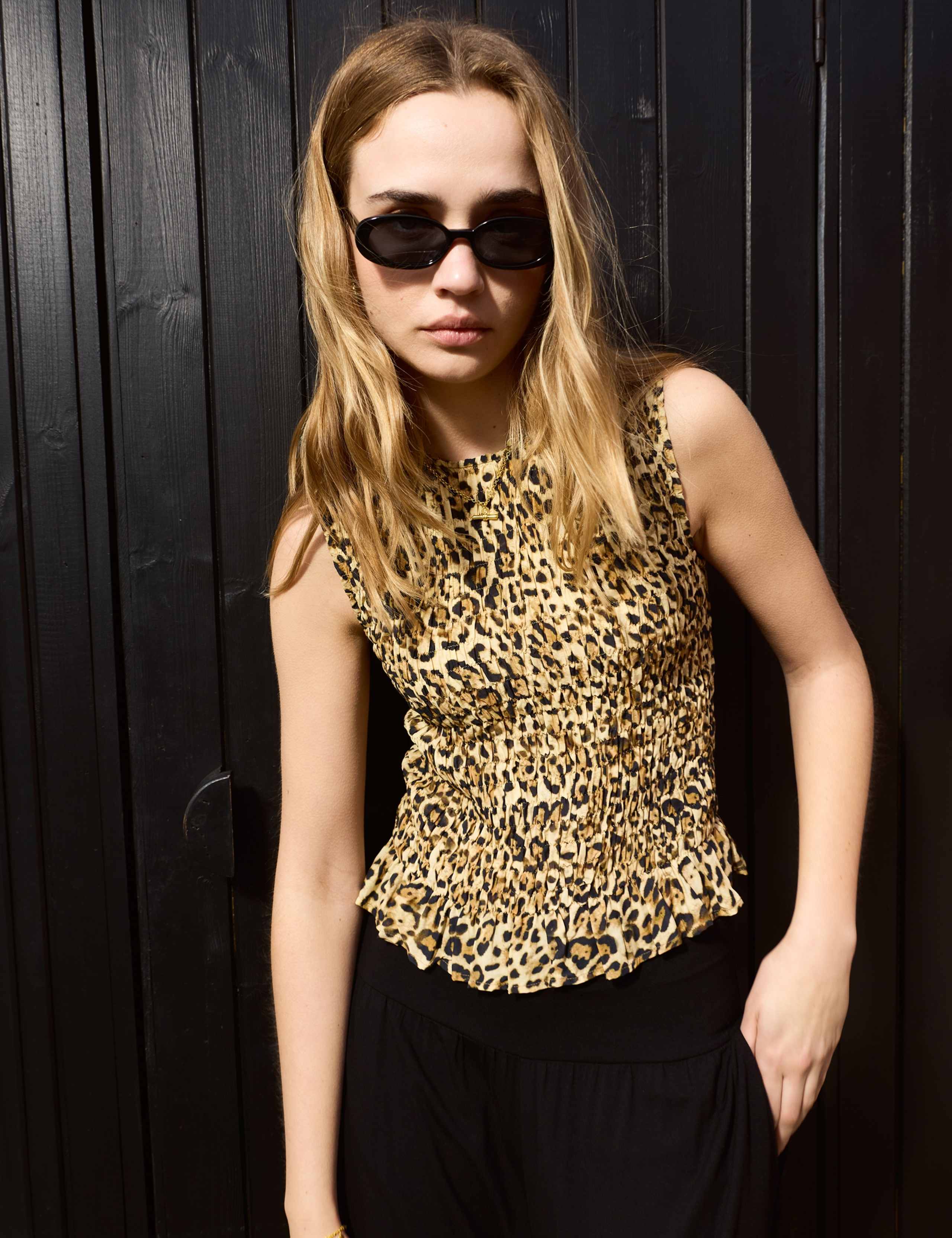 Animal Print Crew Neck Shirred Vest Top 1 of 4