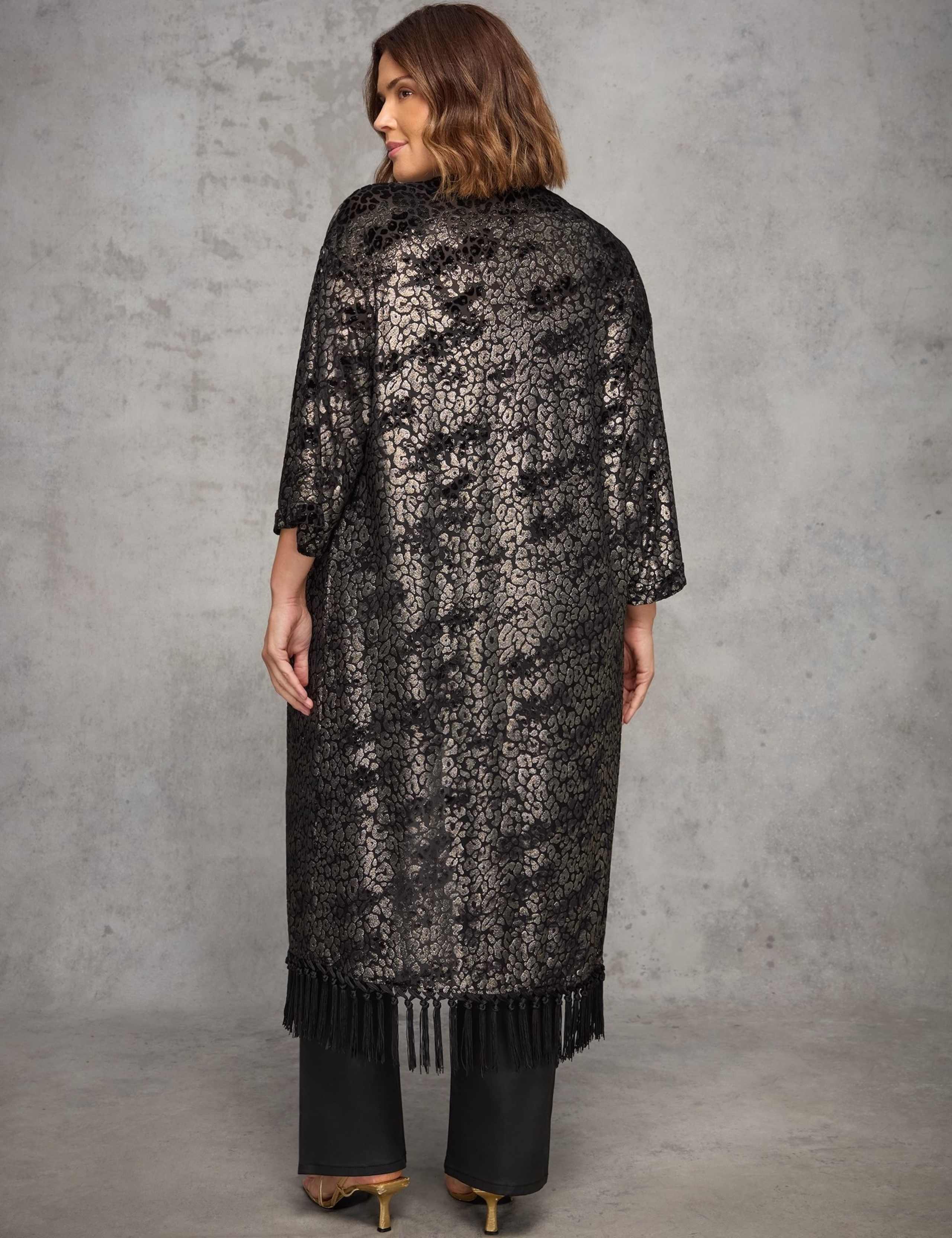 Devoré Jacquard Fringed Longline Kimono 2 of 6
