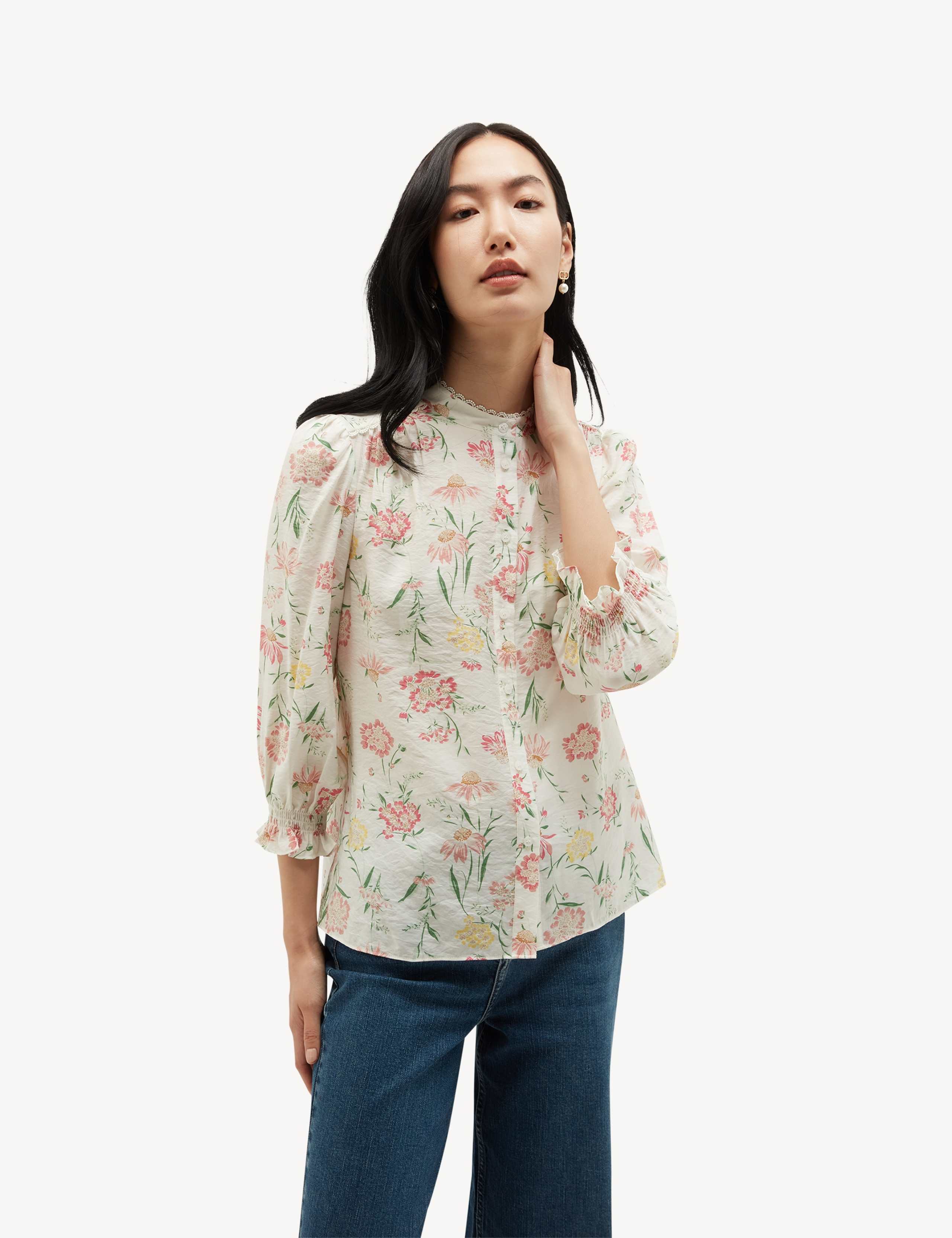 Floral Round Neck Lace Trim 3/4 Sleeve Blouse 3 of 5
