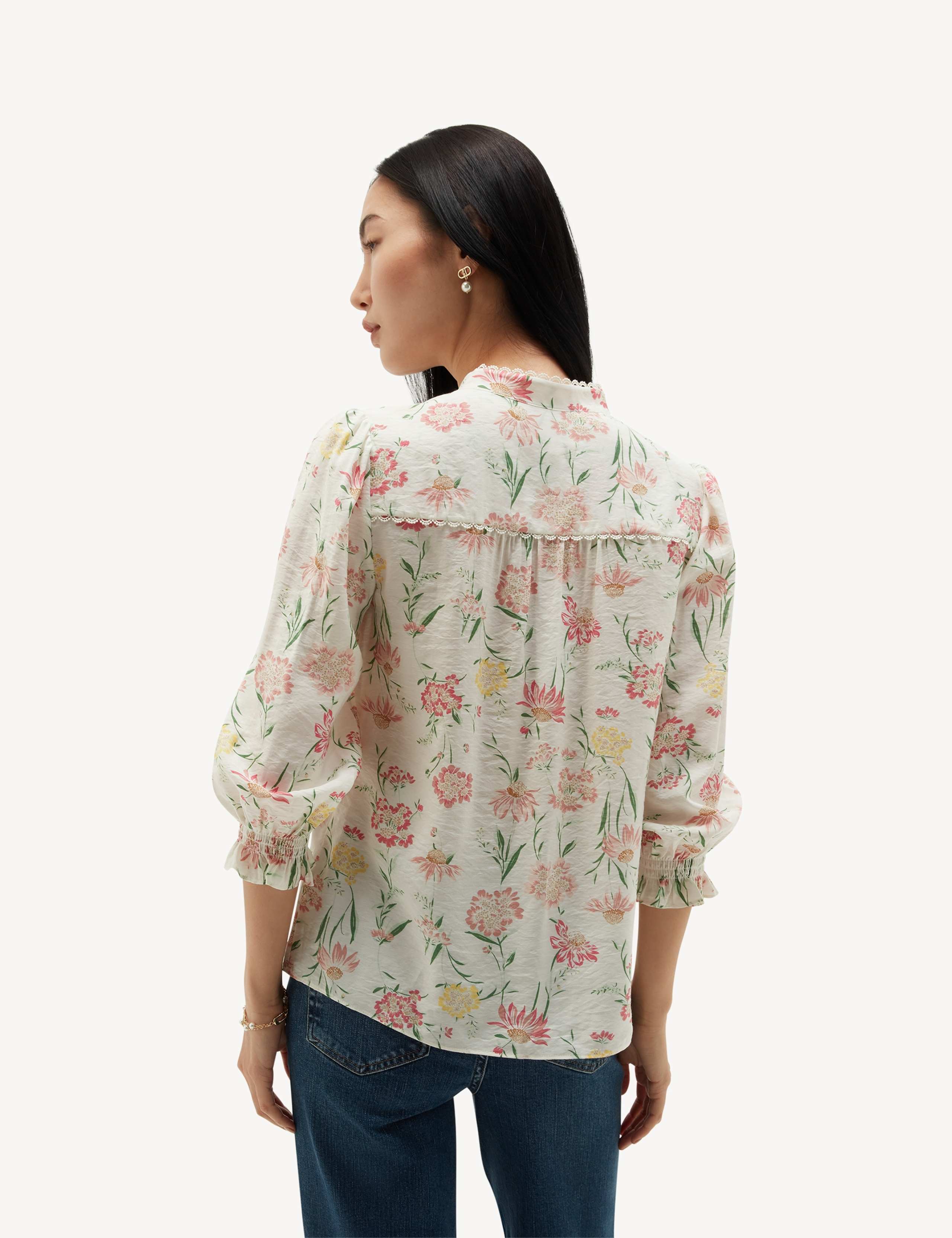 Floral Round Neck Lace Trim 3/4 Sleeve Blouse 4 of 5