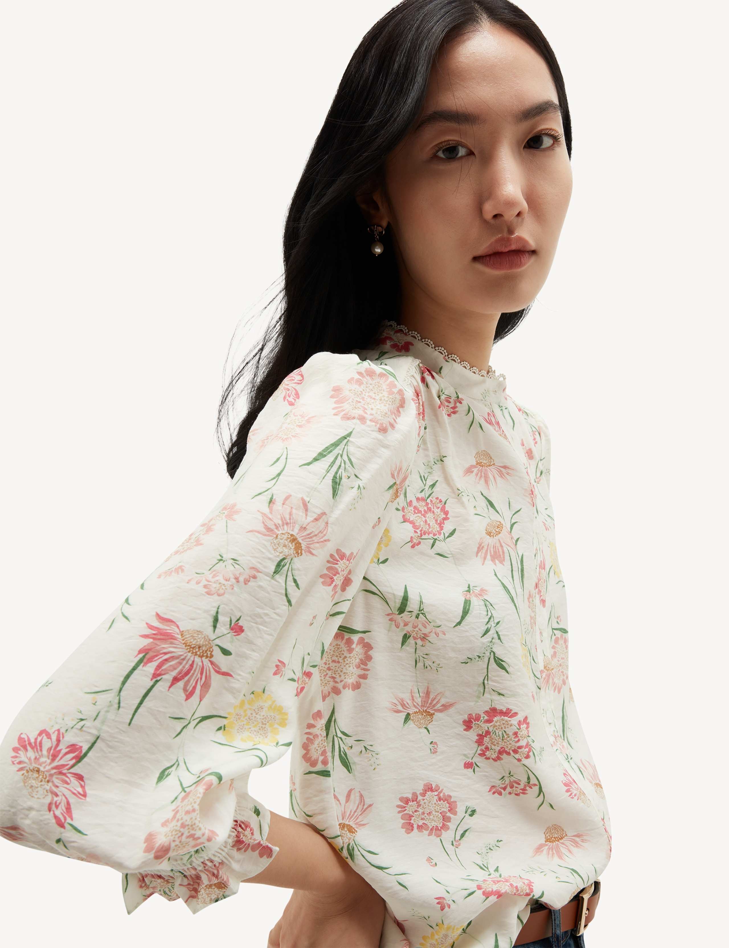 Floral Round Neck Lace Trim 3/4 Sleeve Blouse 5 of 5