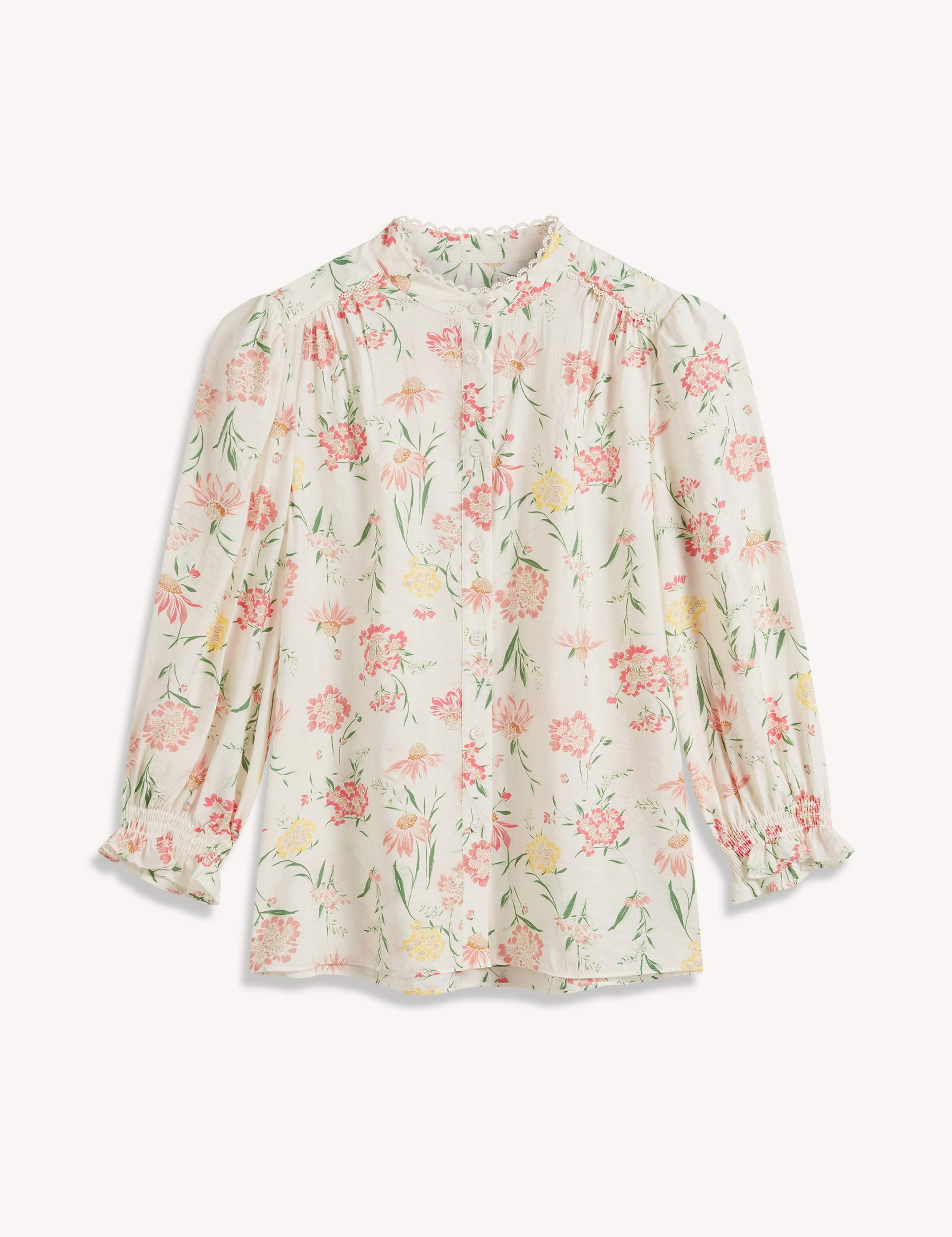 Floral Round Neck Lace Trim 3/4 Sleeve Blouse 2 of 5