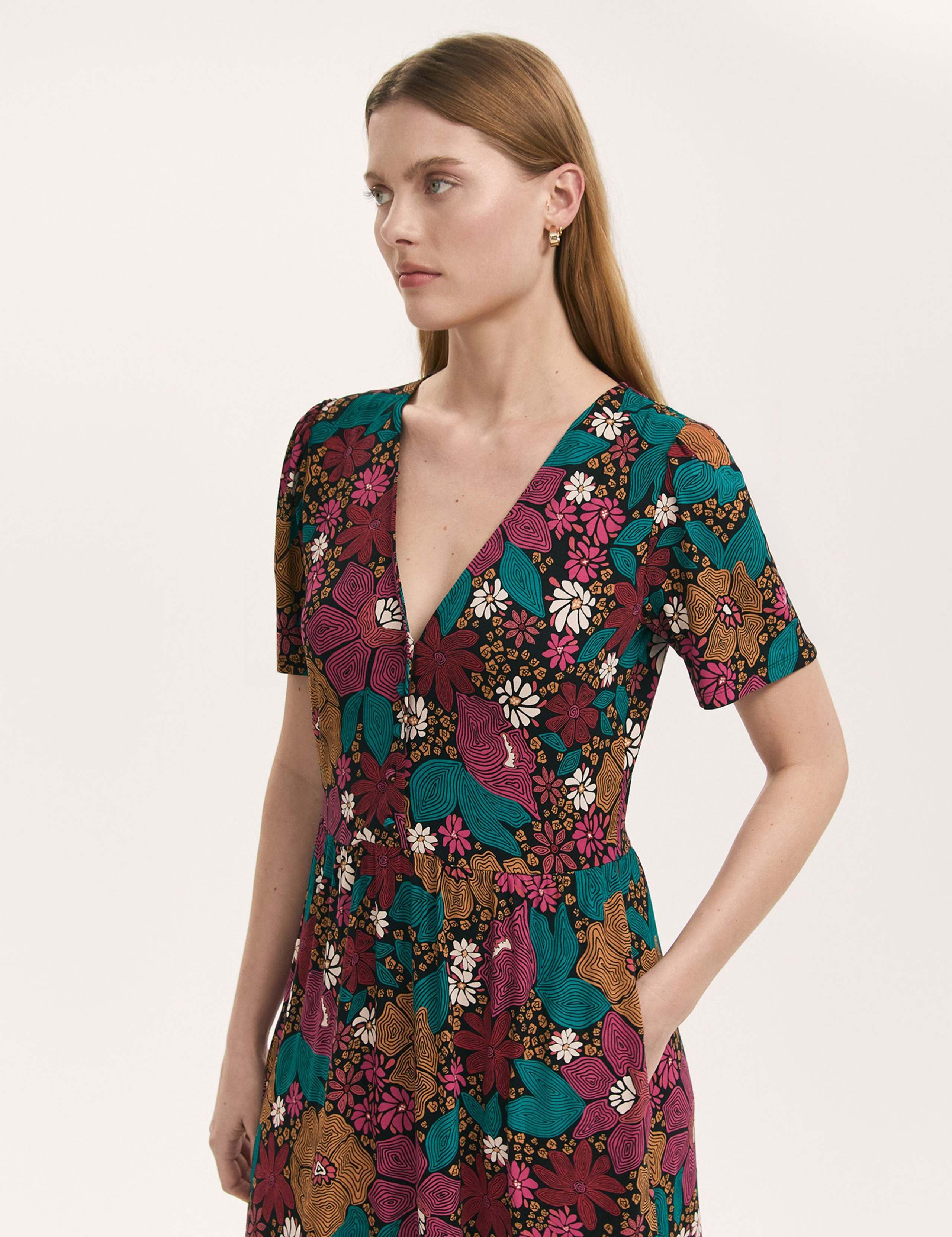 Jersey Floral V-Neck Midi Tiered Dress 2 of 4
