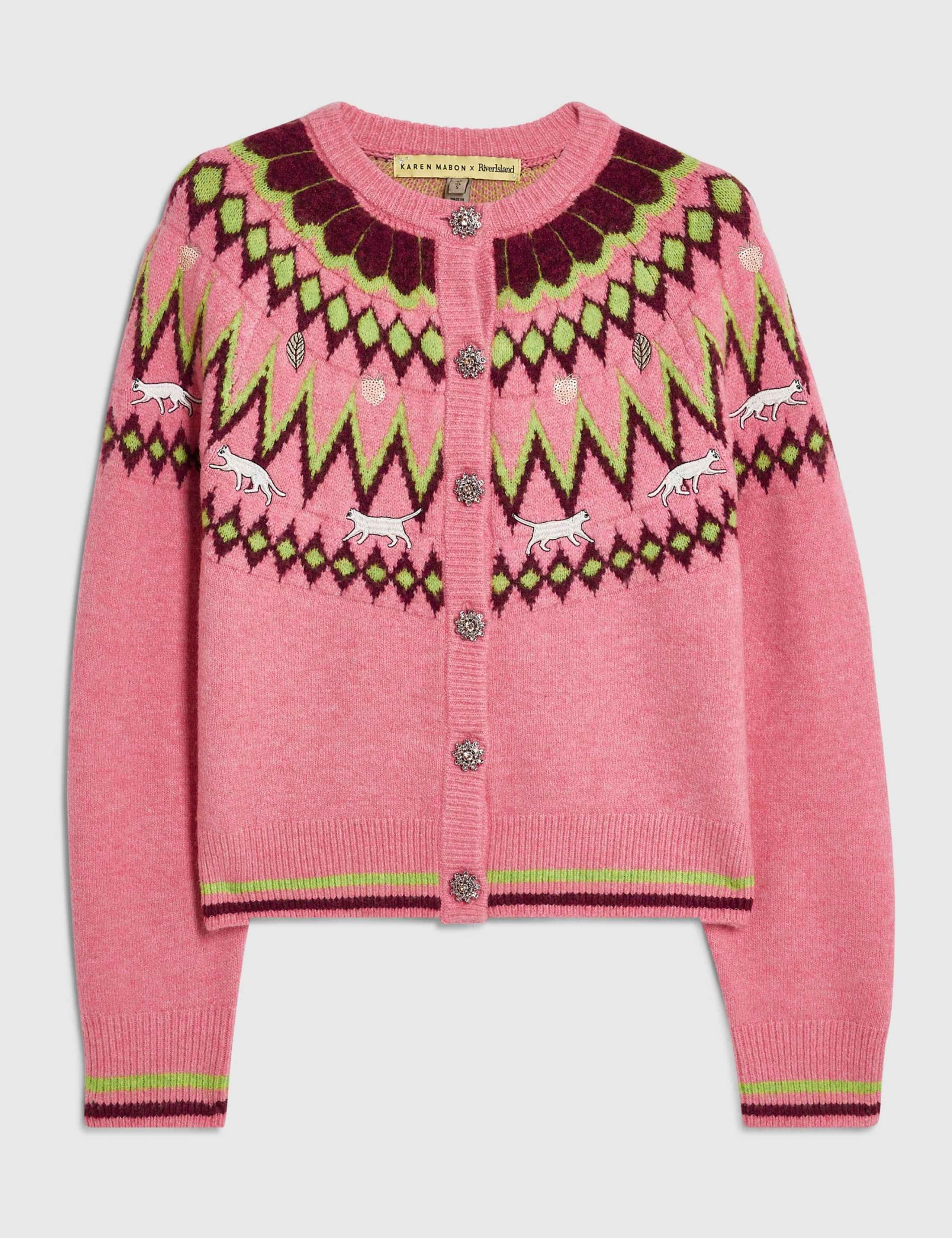 Fair Isle Crew Neck Cardigan with Wool 2 of 5