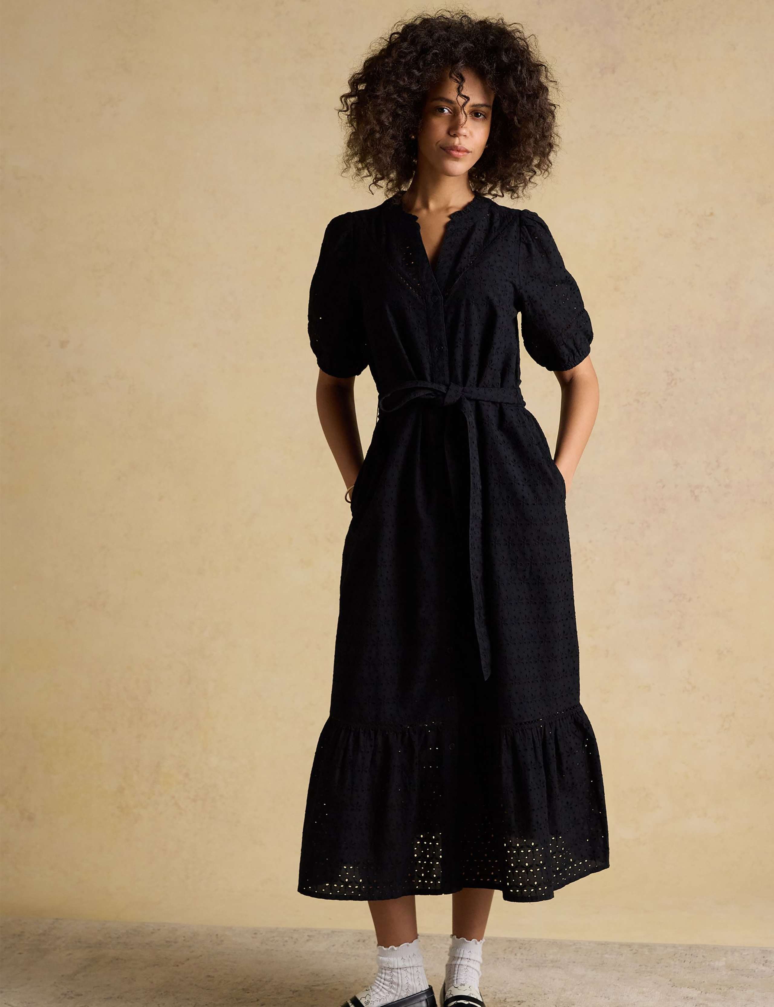 Pure Cotton Broderie V-Neck Midi Shirt Dress 1 of 7
