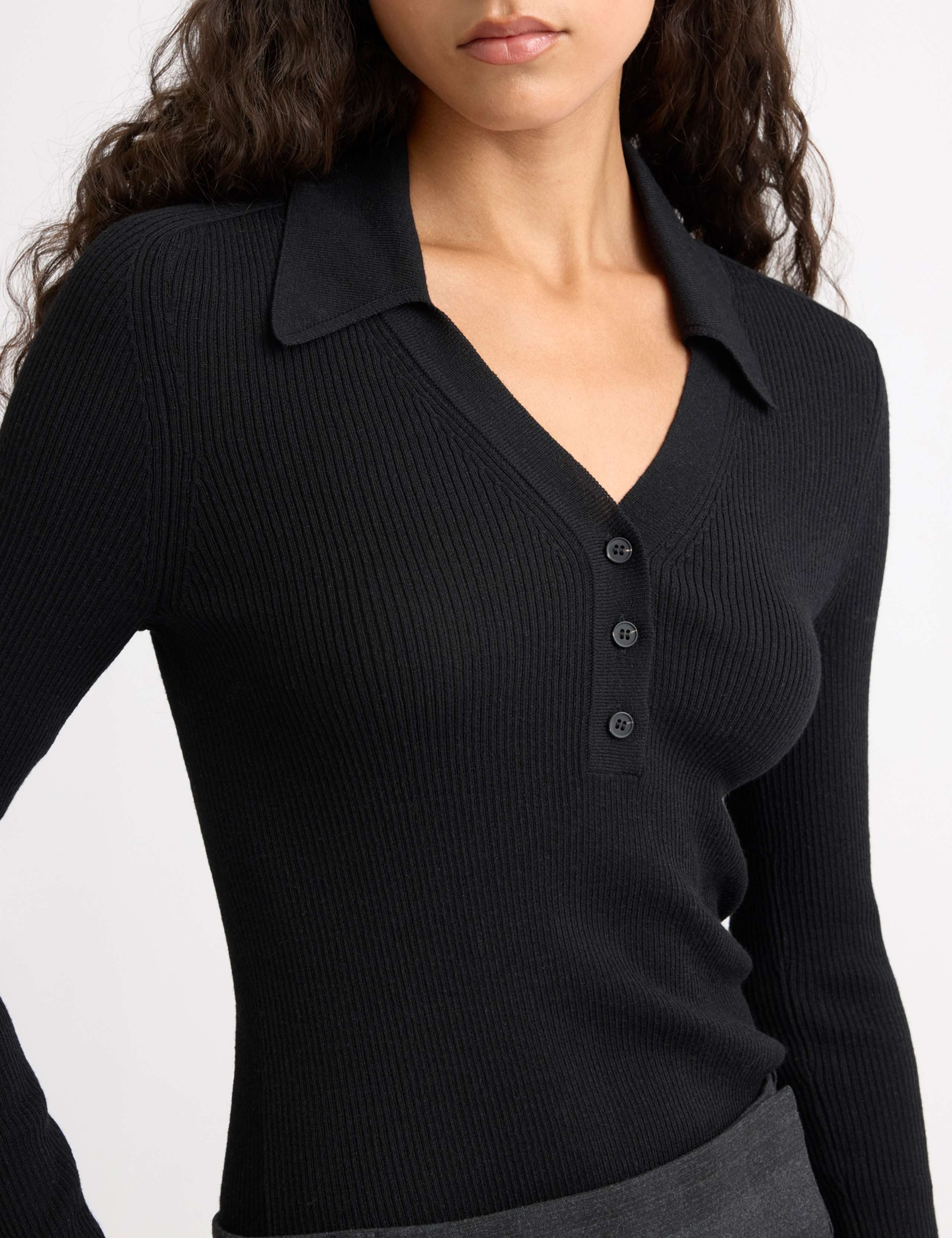 Ribbed V-Neck Button Detail Top 4 of 5