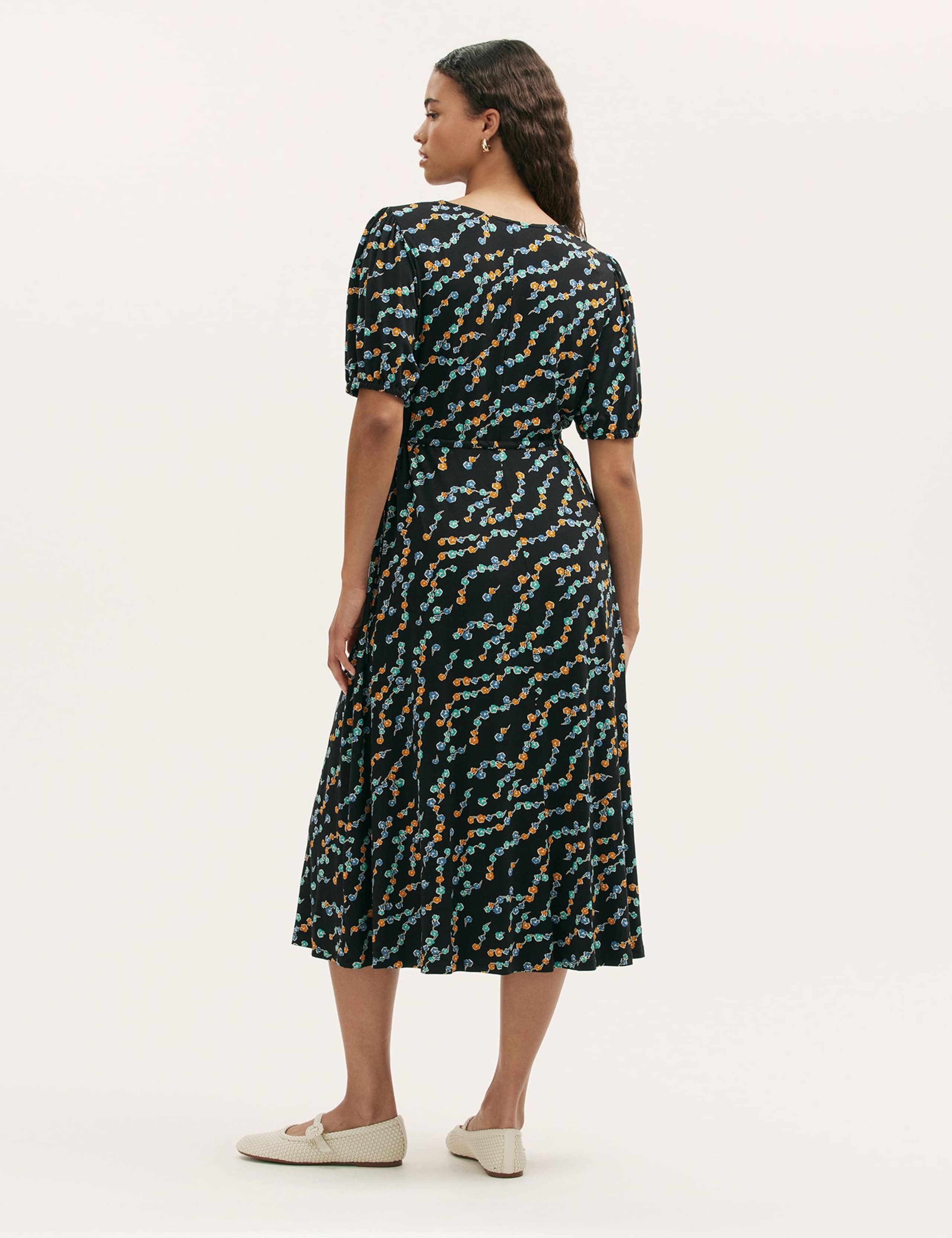 Jersey Floral V-Neck Midi Waisted Dress 2 of 4