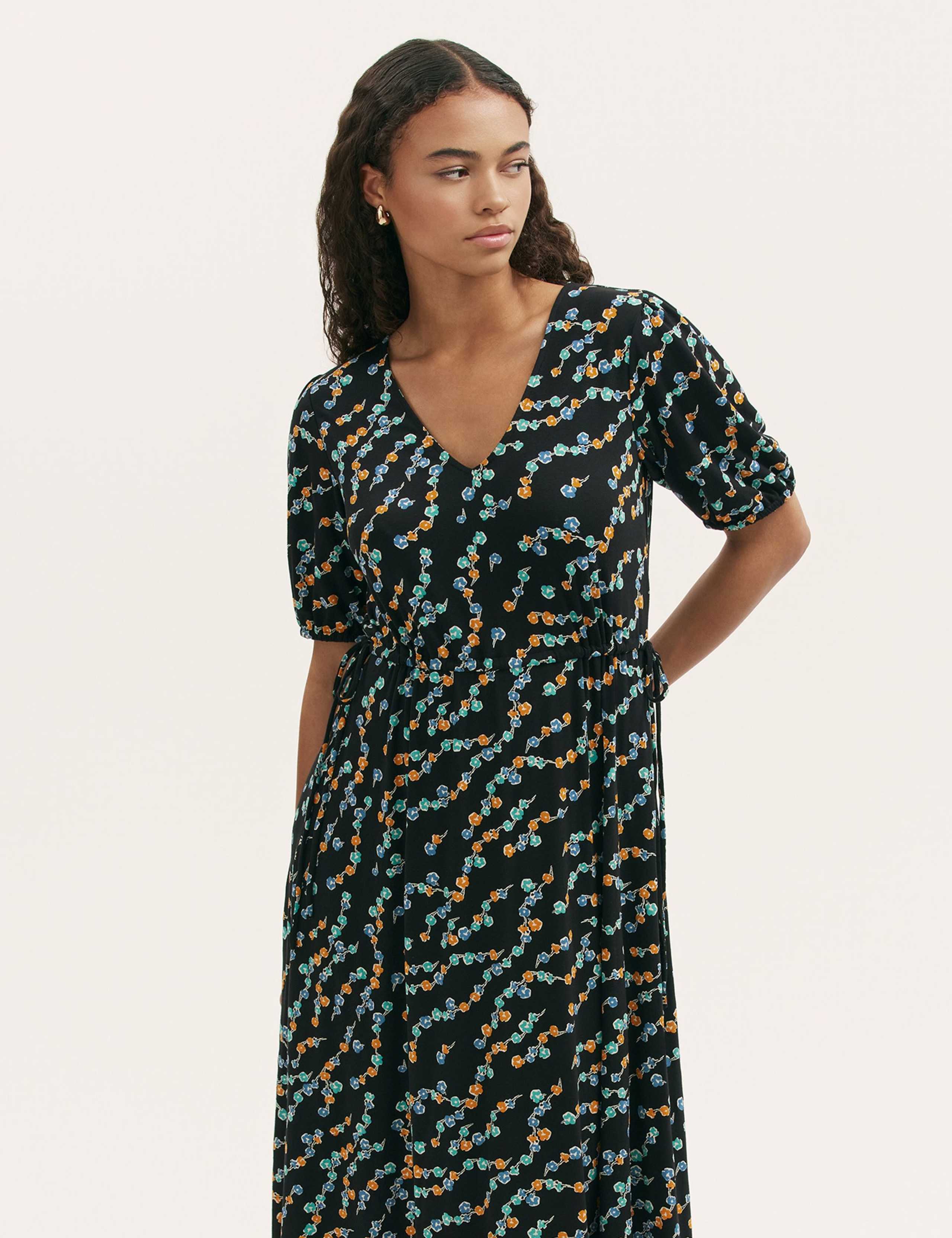 Jersey Floral V-Neck Midi Waisted Dress 3 of 4