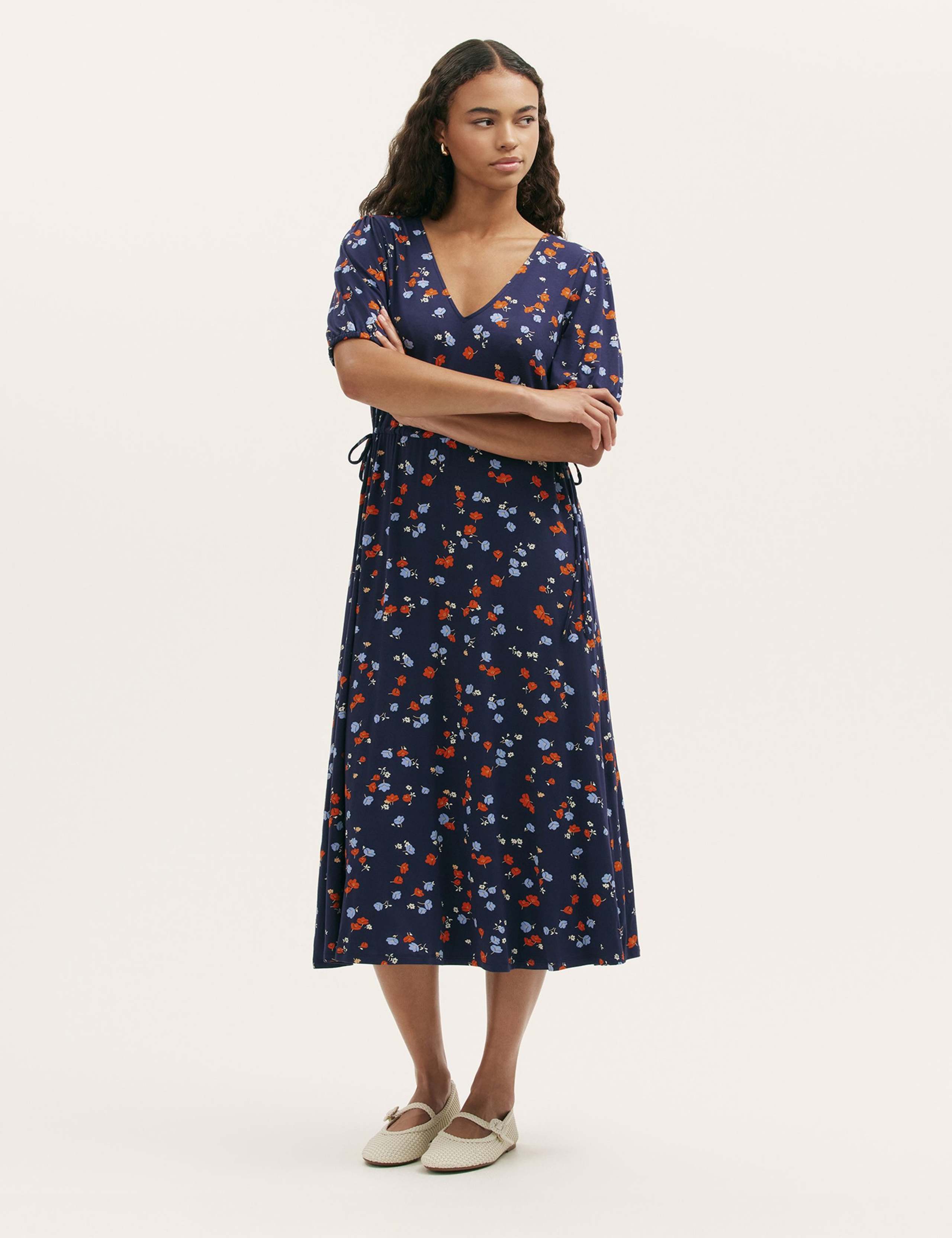 Jersey Floral V-Neck Midi Waisted Dress 1 of 4