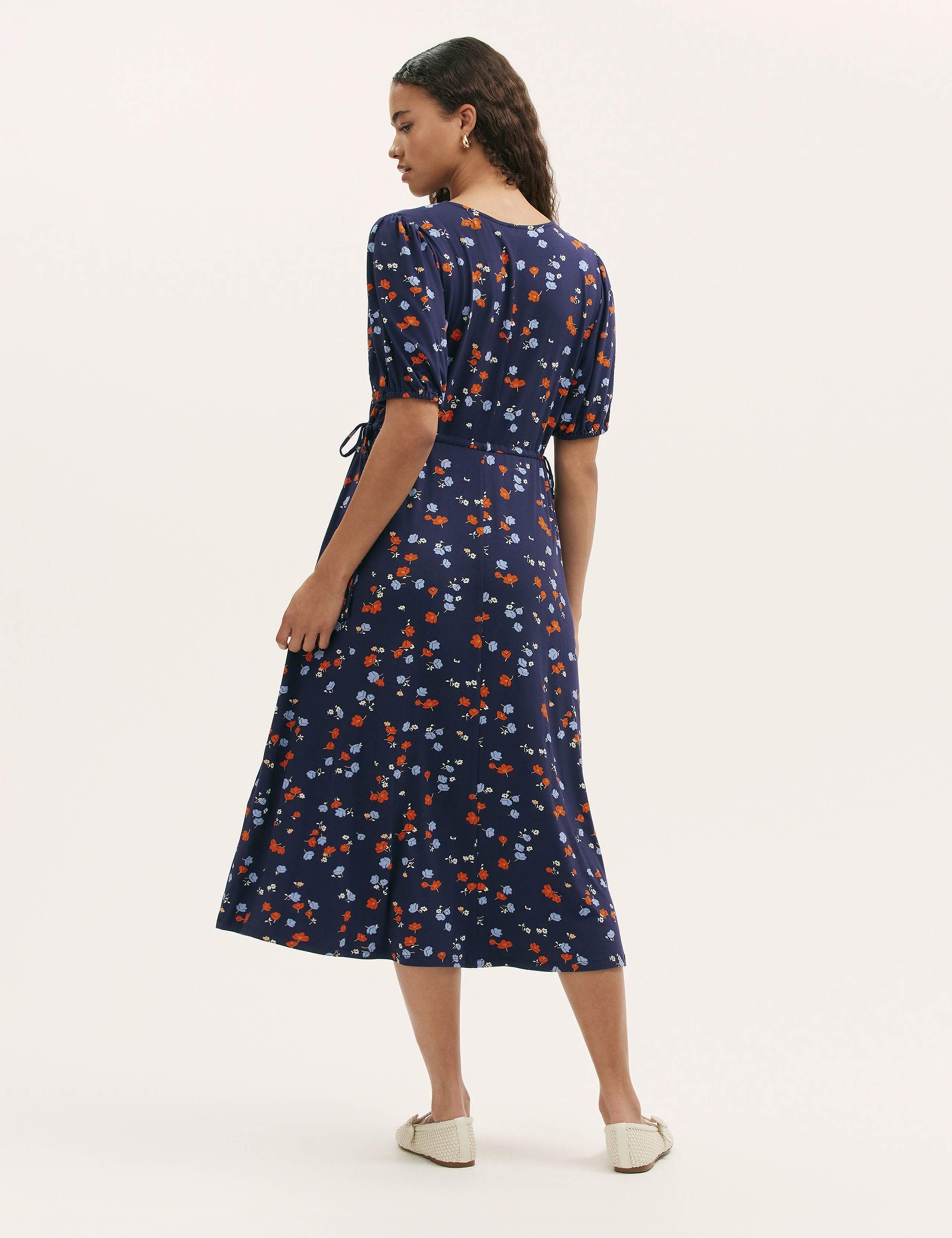 Jersey Floral V-Neck Midi Waisted Dress 2 of 4