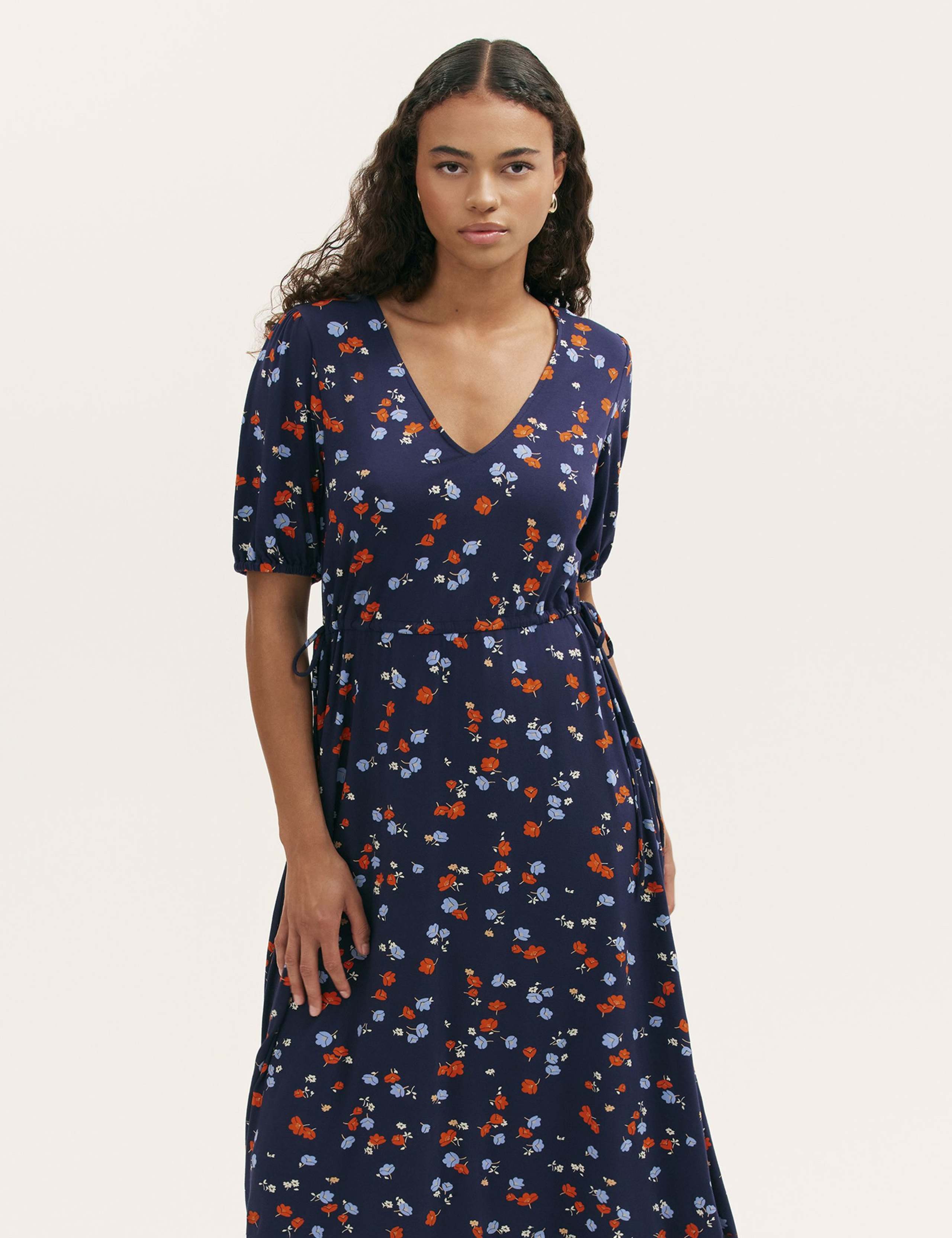 Jersey Floral V-Neck Midi Waisted Dress 3 of 4