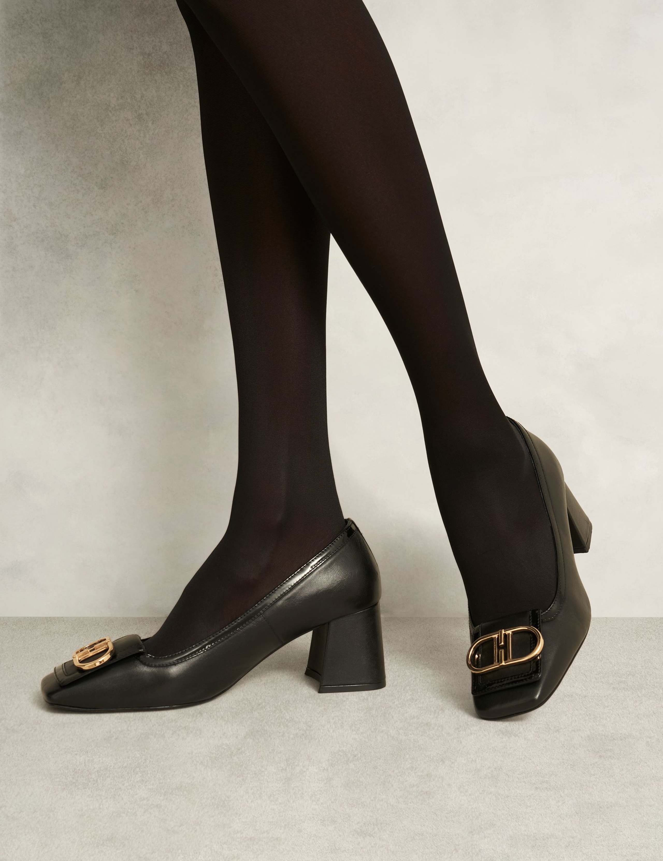 Leather Block Heel Square Toe Court Shoes 3 of 6
